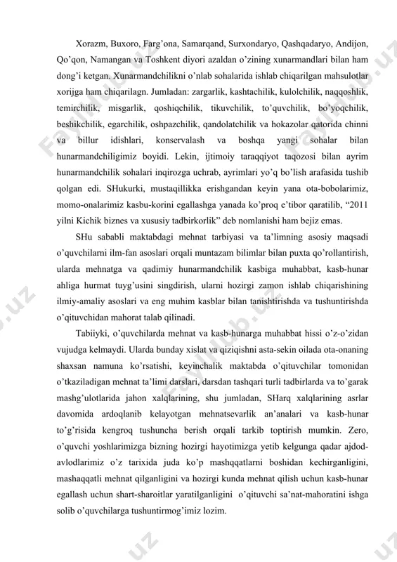 un, “kadrlar tayyorlashning milliy dasturi”, “davlat ta’lim standarti” mehnat ta’limi fanidan o’quv dasturlari va yoshlarning ta’lim-tarbiya olishlari, kasb-hunarlar egallashlari uchun chiqarilgan farmonlar izlanishimizga asos bo’ldi. kurs ishining tarkibiy tuzilishi: ish kirish, asosiy qism, umumiy xulosalar va foydalanilgan adabiyotlar ro‘yhatidan iborat. 1. mehnat qilish va kasb-hunar egallashning ahamiyati haqida nazariy asoslar sharq mutafakkirlari mehnat tarbiyasi haqida. ta'lim-tarbiya tarixiga nazar tashlar ekanmiz, dastlabki xalq og'zaki ijodi namunalaridan tortib, buyuk mutafakkirlar ijodigacha yoshlarni mehnatsevar bo'lib yetishishi, kasb-hunaro'rganish, mehnat ahlini hurmat qilish hamda mehnat insonni ulug'lash masalalariga alohida e'tibor berilganligiga guvoh bo'lamiz. buni biz turli davrlarda yaratilgan ta'limiy-axloqiy asarlar va xalq og'zaki ijodi namunalari topishmoq, xalq qo'shiqlari, masal, maqol, ertak va dostonlarda mehnat va kasb-hunar odobi, axloqi va qoidalarini o'zlashtirish muhim hayotiy zarurat ekanligi ta'kidlanadi. bundan tashqari «avesto», kaykovusning «qobusnoma», abu nasr forobiyning «fozil odamlar shahri», abu rayhon beruniyning «geodeziya», «minerologiya», mahmud qoshg'ariyning «devonu lug'atit turk», yusuf xos hojibning «qutadg'u bilig», alisher navoiyning bir …