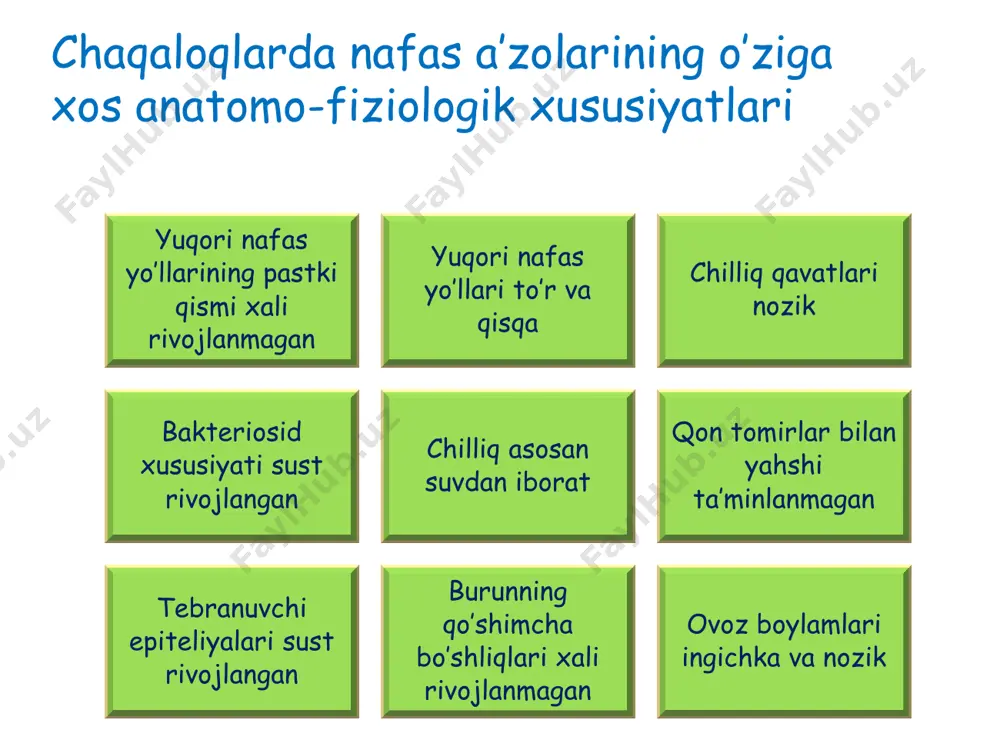 qovurgalar oraligi tortiladi. • тeri rangi oqaradi, sianoz kuzatiladi, yotal bolmaydi. neonatal pnevmoniya • o’pka perkussiyasida qisqargan timpanik tovush . auskultatsiyasida xirrilashlar bo’lmaydi • yurakda taxikardiya, chegaralarining o’ng tomonga kengayishi. yurak tonlarining bog’iqlashuvi, jigar kattalashuvi, shishlar kuzatiladi chala tugilgan chaqaloqlarda pnevmoniyaning kechishi 1. nafas yetishmovchiliklarning umumiy belgilari va toksikoz belgilari bilan kechadi . gipoksemoya va giperkapniya , aralash atsidoz. мнс shikastlanish belgilari : susayish, adinamiya, tonuslar va reflekslar pasayishi, qusish, qayt qilish, tana vaznini tushishi, nafas ritmni buzilishi, apnoe xurujlari, чейн—стокс tipida nafas olishi va b. 2. asoratlar ko’p uchraydi- pnevmotoraks, atelek- tazlar plevrit va b. o’pkadan tashqari otit, ichak parezi, gemodinamik buzilishlar, двс-sindrom, gemorragik sindrom, gipotrafiya, sklerema, buyrak usti bezi yetishmovchiligi metabolik o’zgarishlar, кравец simptomi, yurak nuqsonlari, shish va b. 3. lixoratka kuzatilmaydi, gipotermiya bolishi xarakterli. 4. qusishga moyiligi yuqori bo’lgani uchun aspiratsion pnevmoniyalar ko’p uchraydi; 5. quyidagi tartib luzatilkadi; нбс — pnevmoniya — sepsis 6. klinik belgilar va …