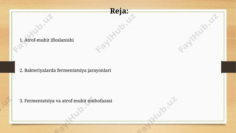 bu esa atrof-muhitga salbiy ta'sir ko'rsatishi mumkin, ayniqsa, yuqori konsentratsiyalarda. laktik kislota fermentatsiyasi natijasida hosil bo'lgan organik kislotalar tuproqning kislotaliligini oshirib, mikroorganizmlar faoliyatiga ta'sir o'tkazib, 5-10% gacha hosildorlikni pasaytirishi mumkin. fermentatsiya jarayonlarini boshqarish va atrof-muhitni muhofaza qilish fermentatsiya jarayonlaridan hosil bo'lgan organik kislotalarni bioremediatsiya texnologiyalarida qo'llash orqali tuproq va suvning ifloslanish darajasini 10-15% ga kamaytirish mumkin. anaerob fermentatsiya jarayonlarini boshqarishda bioreaktorlarning samaradorligini oshirish orqali metan gazini 30% gacha ko'paytirish va uni biogaz sifatida ishlatish mumkin. atrof-muhit ifloslanishiga ta'siri bakteriyalar fermentatsiyasi jarayonida hosil boʻladigan organik kislotalar (masalan, sut kislotasi, sirka kislotasi)ning yuqori konsentratsiyasi tuproqning kislotaliligini 4,5 ph gacha pasaytirib, atrof-muhit ifloslanishiga olib kelishi mumkin. fermentatsiya mahsulotlari, masalan, spirtlar va organik kislotalar, suv havzalariga tushib, suvning biologik kislorod talabini (bkt) 5 mg/l dan yuqori koʻtarishi va suv hayotini yoʻq qilishi mumkin. e'tiboringiz uchun rahmat @taqdimot_robot image7.jpg image8.jpg image9.jpg image10.jpg image11.jpg image12.jpg image13.jpg image3.png image4.png