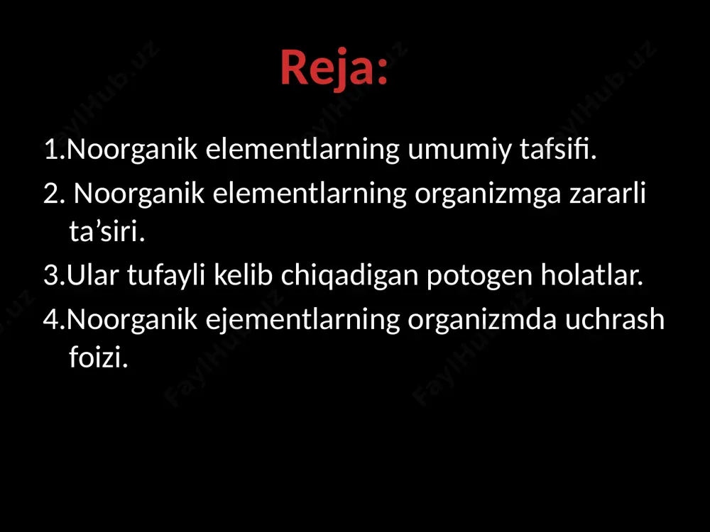 odam orgaizmida 1*106% simob bo`ladi kuniga organizmga 0,002-0,005mg miqdorda simob kiradi simob organizmga kirib oqsillar bilan barqaror birikmalar hosil qiladi va denaturatsiyaga uchraydi hg ning organizmga kirishi oshqozon ichak buyrak bezlar faoliyatini buzib o`limga olib keladi nafas yo`llari bilan kirgan simob nerv sistemasiga tasiri kuchli quloq tomoq burun kasalligiga olib keladi simob bilan zaharlanganda oshqozonda og`riq ahlat bilan qon ajralishi medada yara hosil bo`lishi va nihoyat nekroz ! doimiy zaharlanish soch qosh kiprik tish to`kilishi asab va qon aylanishi buzilishi! nekroz natijasida oyoqdagi hujayrlarning yemirilishi zaharlangada sut tuxum oqsili istemol qilinishi zarur chunki oqsil simobni oshqozonda cho`ktiradi. al bu element organizmda 8,7*103% organizmda oksikislota polifenolllar lipid bilan kompleks hosil qilgan holda uchraydi havoda aluminiy miqdorining ortish biologik jarayon larning metobolizmini buzadi organizmda ortib keti shi suyaklarda raxitni kelib chiqishiga to`qima oqsillari bilan kompleks hosill qiladi moddlar almashinuvini buzadi u fermentlar faolligini susaytiradi gemoglabin sintezini to`xtatadi qon hosil bo`lishidagi fermentlarning faolligini …