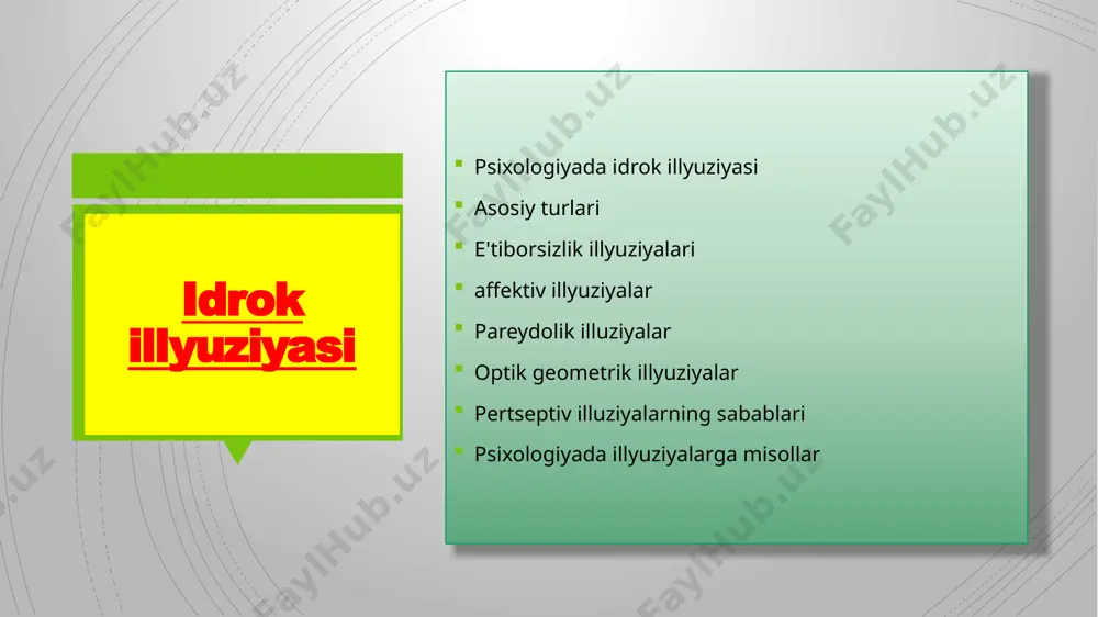 rni ko'radi. аffektiv illyuziyalar shuningdek, ruhiy kasalliklarga chalingan bemorlarda affektiv illyuziyalar kuzatiladi. shunday qilib, agar buzilish bemorning tashvishi va shubhasining kuchayishi bilan birga bo'lsa, derazadan tashqaridagi odatiy ko'cha shovqini u tomonidan uning qatl etilishini tomosha qilish uchun yig'ilgan olomonning shovqini sifatida qabul qilinadi; notanish odamlarning suhbatida odam o'ziga nisbatan haqorat va qoralashlarni eshitadi; xonadoshning qo'lidagi zararsiz narsa pichoq sifatida qabul qilinadi va hokazo. pareydolik illuziyalar pareydolik illuziyalar pareydolik illyuziyalar haqiqiy ob'ektlarni illyuzor idrok etishidir. bu atama yunoncha "para" ("yonida", "haqida") va "eydolon" ("tasvir") so'zlaridan kelib chiqqan. bu hodisa birinchi marta kalbaum va yaspers tomonidan tasvirlangan. ba'zi illyuziya turlari, masalan, optik illyuziyalar qasddan yaratilgan bo'lsa-da, pareidoliya odamlar tasodifiy ob'ektlarda turli xil tasvirlarni, ko'pincha hayoliy fantastikalarni ko'rganlarida o'z-o'zidan paydo bo'ladi. pareydolik illuziyalar masalan, shiftdagi yoriqlarga qarab, yuzning konturini, kofe ko‘pikidagi kulgili yuzni yoki pishgan tuxumni, gilamdagi naqshlardagi sehrli manzarani, ajdaho yoki kema siluetini ko‘rishingiz mumkin. osmonda bulut ichida. ko'pincha bunday illyuziyalar alkogol …