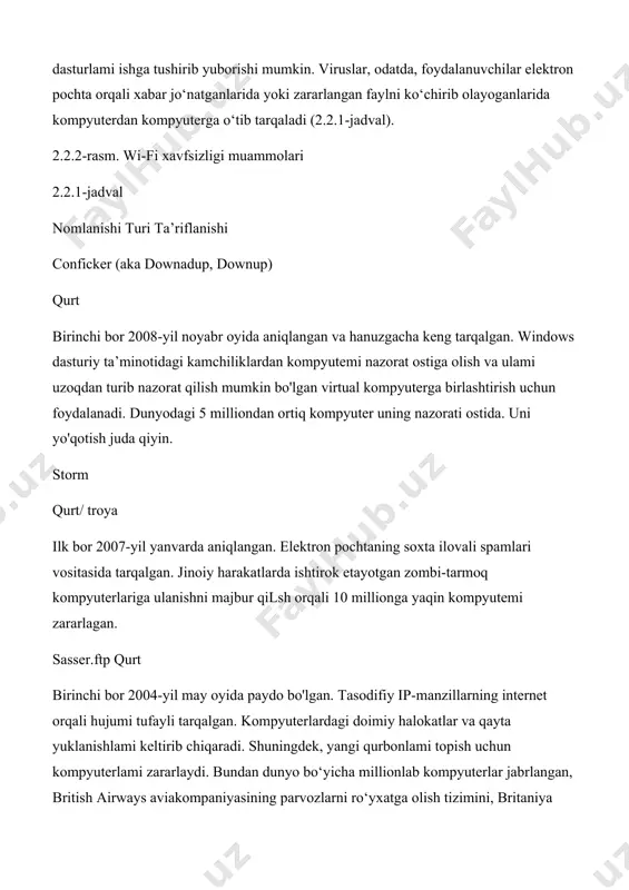 slarining aksariyati «foydali yuklama» (payload) bilan birlashadi. foydali yuklama, masalan, xabarlar yoki tasvirlami aks ettirishda nisbatan zararsiz bo‘hshi mumkin. lekin ayrim holatlarda yuklama juda xavfli bo‘lib, kompyuter uchun halokatli oqibatlami keltirib chiqaradi — dasturlar yoki ma’lumotlami buzishi, kompyuter xotirasini to‘ldirishi, kompyuter vinchesterlarini formatlashi yoki xatoli dasturlami ishga tushirib yuborishi mumkin. viruslar, odatda, foydalanuvchilar elektron pochta orqali xabar jo‘natganlarida yoki zararlangan faylni ko‘chirib olayoganlarida kompyuterdan kompyuterga o‘tib tarqaladi (2.2.1-jadval). 2.2.2-rasm. wi-fi xavfsizligi muammolari 2.2.1-jadval nomlanishi turi ta’riflanishi conficker (aka downadup, downup) qurt birinchi bor 2008-yil noyabr oyida aniqlangan va hanuzgacha keng tarqalgan. windows dasturiy ta’minotidagi kamchiliklardan kompyutemi nazorat ostiga olish va ulami uzoqdan turib nazorat qilish mumkin bo'lgan virtual kompyuterga birlashtirish uchun foydalanadi. dunyodagi 5 milliondan ortiq kompyuter uning nazorati ostida. uni yo'qotish juda qiyin. storm qurt/ troya ilk bor 2007-yil yanvarda aniqlangan. elektron pochtaning soxta ilovali spamlari vositasida tarqalgan. jinoiy harakatlarda ishtirok etayotgan zombi-tarmoq kompyuterlariga ulanishni majbur qilsh orqali 10 …