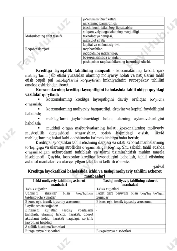 htiroki; ▪ ishlab chiqarilgan va sotilgan mahsulotlarni о‘sish darajalari; ▪ tо‘lov muddati kelgan va о‘tib ketgan debitorlik va kreditorlik majburiyatlarining holatiga; ▪ korxonalarning pul va qimmatli qog‘ozlarining mavjudligiga va boshqa jihatlarga ahamiyat beriladi. korxona faoliyatining joriy va istiqboldagi rivojlanishini baholashda banklar tomonidan quyidagi muhim jihatlarga axamiyat qaratiladi. -jadval kredit oluvchining faoliyatni baholash baholash elementlari kо‘rsatkichlari mijozning faoliyatni rivojlantirishga intilishi: о‘sish dinamikasi; о‘zgaruvchanlik; istiqbollik. mahsulot (ish, xizmat)larga talabning о‘zgarishi: mizozlar tavsifi; bozor hajmi va sifat kо‘rsatkichlari; sotish hajmi; baho belgilash tartibi; sotish rejasi; talabning barqarorligi; tovarning almashuvchanligi; havf-xatarlar. taklifning о‘zgarishi: raqobatchilar holati; jо‘natmalar muvofiqligi; jо‘natmalar havf xatari; narxnining barqarorligi; ishchi kuchi bilan bog‘liq sabablar; xalqaro valyutaga talabning mavjudligi. mahsulotning sifat tasnifi: texnologiya darajasi; mahsulot sifati; kapital va mehnat sig‘imi. raqobat darajasi: raqobatchilar; raqobatning intensivligi; bozorga kirishda tо‘siqlar; peshqadam raqobatchilarning bozordagi ulushi. kreditga layoqatlik tahlilining maqsadi - korxonalarning kredit, qarz mablag‘larini jalb etishi yuzasidan ularning moliyaviy holati va natijalarini tahlil etish orqali …