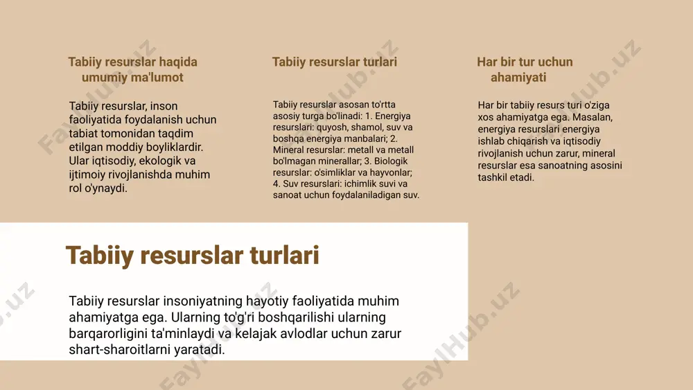 h, aholi farovonligini oshirish va barqaror iqtisodiy o'sishni ta'minlashga qaratilgan. qishloq xo'jaligida usullar qishloq xo'jaligida tabiiy resurslardan samarali foydalanish uchun barqaror usullardan foydalanish muhimdir. ekologik qishloq xo'jaligi va organik mahsulotlar ishlab chiqarish, kimyoviy o'g'itlardan foydalanmasdan tuproq salomatligini saqlashga yordam beradi. energiya ishlab chiqarishda qayta tiklanadigan energiya manbalari, masalan, quyosh va shamol energiyasi, energiya ishlab chiqarishda samarali foydalanishni ta'minlaydi. energiya samaradorligini oshirish orqali energiya sarfini kamaytirish va ekologik izni qisqartirish mumkin. suv resurslari boshqaruvi suvni tejash va samarali foydalanish, qishloq xo'jaligidan tortib sanoatgacha ko'plab sohalarda muhim ahamiyatga ega. suv resurslarini barqaror boshqarish strategiyalari, masalan, suvni qayta ishlash va oqova suvlarni to'g'ri boshqarish, suv ta'minotini yaxshilashga yordam beradi. tabiiy resurslardan samarali foydalanish barqaror ishlab chiqarishning foydalari ekologik foydalari barqaror ishlab chiqarish atrof-muhitni muhofaza qilishga yordam beradi. bu usul orqali tabiiy resurslar ko'proq saqlanadi va ularning ishlatilishi ancha samarali bo'ladi. ijtimoiy foydalari barqaror ishlab chiqarish ijtimoiy adolat va barqarorlikni ta'minlaydi. bu, shuningdek, aholi …