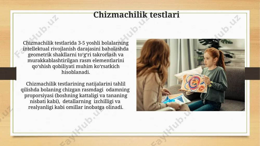 qning to'g'riligini baholash uchun bolalardan ma'lum tovushlarni to'g'ri talaffuz qilish so'raladi, masalan, "s", "sh", "r" tovushlarini ishlatadigan 10 ta so'zni aytish, to'g'ri talaffuz qilingan tovushlar soni hisoblanadi. nutq rivojlanishini baholashda 2-3 yoshli bolalarda lug'at hajmini aniqlash uchun rasmlarni nomlash, predmetlarni tavsiflash kabi testlar qo'llaniladi, natijalar yosh me'yorlariga solishtiriladi. psixomotor rivojlanishni baholash psixomotor rivojlanishni baholash jarayonida bolaning qo'l va barmoqlarining kichik mushaklarining rivojlanish darajasini aniqlash uchun, qo'l bilan ko'z koordinatsiyasi kabi ko'rsatkichlarni hisobga olgan holda, 5 ta mezon bo'yicha tarkibiy tahlil o'tkaziladi. psixomotor rivojlanishni baholashda, 3 yoshgacha bo'lgan bolalarda qo'l harakatlarining nozik motorikasi darajasini aniqlash uchun, "vineland moslashuvchanlik inventarizatsiyasi" kabi shkalalardan foydalaniladi va 5 balldan iborat baholash tizimi qo'llaniladi. suhbat usullari bolalar bilan suhbatlashganda, sodda va tushunarli tilni qo'llash, savollarni aniq va tushunarli qilib berish muhim, chunki murakkab savollar ularni chalkashtirib yuborishi mumkin. suhbat jarayonida 3-5 yoshli bolalarning e'tiborini saqlab qolish uchun yorqin rangli o'yinchoqlardan yoki rasmlardan foydalanish samarali bo'ladi, bu …