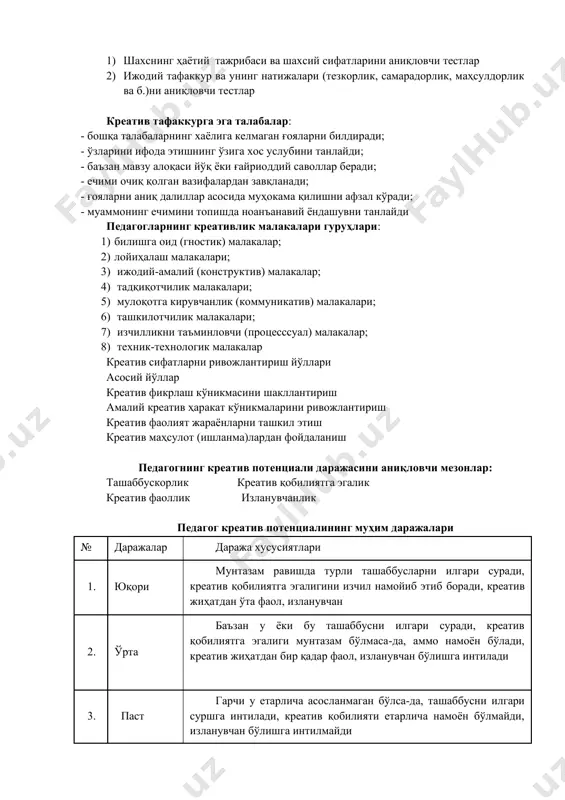 жрибаси ва шахсий сифатларини аниқловчи тестлар 2) ижодий тафаккур ва унинг натижалари (тезкорлик, самарадорлик, маҳсулдорлик ва б.)ни аниқловчи тестлар креатив тафаккурга эга талабалар: - бошқа талабаларнинг хаёлига келмаган ғояларни билдиради; - ўзларини ифода этишнинг ўзига хос услубини танлайди; - баъзан мавзу алоқаси йўқ ёки ғайриоддий саволлар беради; - ечими очиқ қолган вазифалардан завқланади; - ғояларни аниқ далиллар асосида муҳокама қилишни афзал кўради; - муаммонинг ечимини топишда ноанъанавий ёндашувни танлайди педагогларнинг креативлик малакалари гуруҳлари: 1) билишга оид (гностик) малакалар; 2) лойиҳалаш малакалари; 3) ижодий-амалий (конструктив) малакалар; 4) тадқиқотчилик малакалари; 5) мулоқотга кирувчанлик (коммуникатив) малакалари; 6) ташкилотчилик малакалари; 7) изчилликни таъминловчи (процесссуал) малакалар; 8) техник-технологик малакалар креатив сифатларни ривожлантириш йўллари асосий йўллар креатив фикрлаш кўникмасини шакллантириш амалий креатив ҳаракат кўникмаларини ривожлантириш креатив фаолият жараёнларни ташкил этиш креатив маҳсулот (ишланма)лардан фойдаланиш педагогнинг креатив потенциали даражасини аниқловчи мезонлар: ташаббускорлик креатив қобилиятга эгалик креатив фаоллик изланувчанлик педагог креатив потенциалининг муҳим даражалари № даражалар даража хусусиятлари …