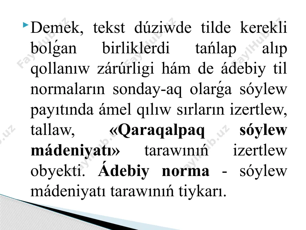 eri sawallarsız yaki juwaplarsız júzege shıǵadı, sáwbetles tárepinen berilmeydi. dialogik sóylewde sóylesip atırǵan adamlar gezekpe-gezek gá tıńlawshını gá sóylewshini bólip turadı. sóylewdiń awızeki hám jazba formaları. bizge belgili sóylew awızeki hám jazba kóriniske iye. awızeki sóylew sóylesip atırǵan waqıtta ǵana payda bolıp, bul procec (háreket) toqtawı menen tamamlanadı. biraq sol aytılǵan sóz tásirine oyatǵan sezimler, berilgen maǵlıwmat tıńlawshı ańında uzip saqlanadı, onıń minez qulqına belgili dárejede tásir etiwi múmkin. awızeki sóylewdiń ózine tán ózgesheliklerin tómendegishe kórsetiwge boladı: 1. awızeki sóylew tezlik (avtomatik) penen ámelge asadı. túsinikler menen onıń “lipası” bolǵan sóz birlikte “jıldırım tezliginde” tilge kele baslaydı. geypara jaǵdaylarda pikirdi, túsinikti bayanlaytuǵın sózdi sóylewshi taba almay qaladı. oǵan jaqın yamasa oylaǵan túsinikti ańlatpaytuǵın sózlerdi qollanıp jiberedi. nátiyjede aytılǵan sóz, gáp, gápler gózlengen maqsetti (pikirdi) tolıq jetkerip bere almaydı. bunnan tıńlawshıda, sóylewshide zıyan kóredi. 2. awızeki sóylewde sóz dizbekleri hám gáplerdiń modelleri aytpaqshı bolǵan pikirge sáykes halda tezlik penen tańlanadı. gáp …