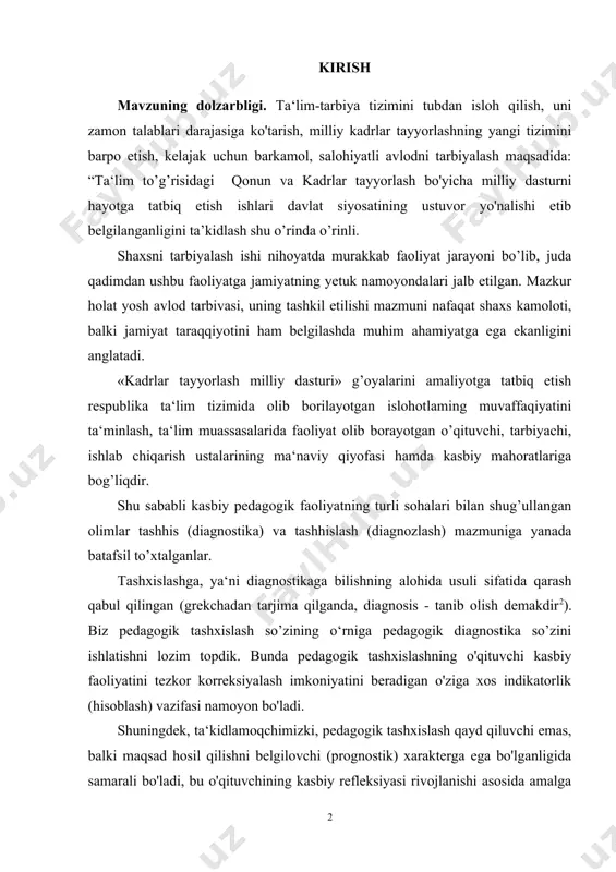 pedagogik diagnostika so’zini ishlatishni lozim topdik. bunda pedagogik tashxislashning o'qituvchi kasbiy faoliyatini tezkor korreksiyalash imkoniyatini beradigan o'ziga xos indikatorlik (hisoblash) vazifasi namoyon bo'ladi. shuningdek, ta‘kidlamoqchimizki, pedagogik tashxislash qayd qiluvchi emas, balki maqsad hosil qilishni belgilovchi (prognostik) xarakterga ega bo'lganligida samarali bo'ladi, bu o'qituvchining kasbiy refleksiyasi rivojlanishi asosida amalga oshiriladi. ayni paytda aynan ta‘lim-tarbiya jarayonida maqsad hosil qiluvchi tashxislash uning rivojlanish qobiliyatini ta‘minlaydi. kurs ishining maqsadi: tarbiya jarayonida natijalarni hisobga olish qonuniyatlarini aniqlash. kurs ishining obekti: tarbiya jarayonida natijalarni hisobga olish qonuniyatlarini aniqlash jarayoni kurs ishining predmeti: tarbiya jarayonida natijalarni hisobga olish qonuniyatlari qo’llaniladigan usul metod va vositalari. kurs ishining vazifalari: 1. tarbiya jarayonida natijalarni hisobga olish qonuniyatlarida o’qituvchining pedagogik mahorati-o’z faoliyati tahlili natijasi ekanligini asoslash 2. tarbiya jarayonida natijalarni hisobga olish qonuniyati orqali baholashni aniqlashtirish 3. o‘z-o‘zini tarbiyalashda o‘z-o‘ziga baho, o‘z-o‘zini kuzatish, anglash va ishontirishdan foydalanishning afzalliklarini tahlil qilish 4. tarbiya jarayonida natijalarni hisobga olishda tarbiya mazmunini modellashtirishga e’tibor qaratish …