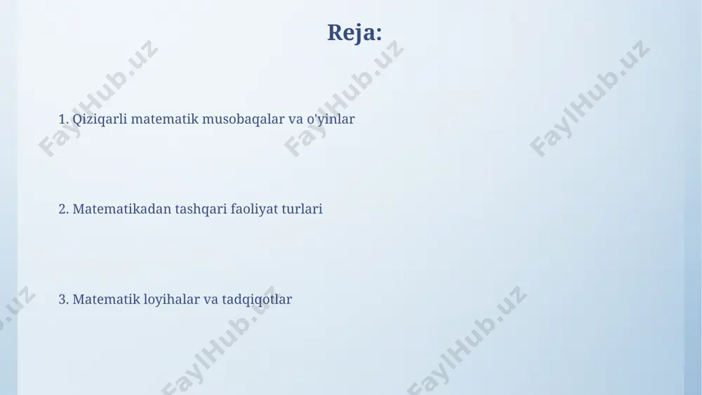 jumboqlar topishmoqlar va jumboqlar geometrik shakllar, masalan, uchburchak yoki to'rtburchak kabi tushunchalarni 5-sinf o'quvchilariga toshkentdagi o'quv muassasalarida oson va qiziqarli tarzda o'rgatishga yordam beradi. andijondagi maktablarda 6 yoshli bolalar uchun 10 gacha bo'lgan sonlarni sanash va taqqoslashni o'z ichiga olgan matematik jumboqlar va topishmoqlarni qo'llash, ularning matematik qobiliyatlarini rivojlantirishga yordam beradi. matematik sayohatlar va ekskursiyalar matematika sayohati sifatida 5-sinf o'quvchilari bilan samarqanddagi registon maydoniga ekskursiya o'tkazib, geometrik shakllarni va o'lchovlarni amaliy ravishda o'rganish mumkin, 3 ta muhim binoning balandligi va kengligini o'lchash orqali. 2-sinf o'quvchilari bilan buxoroga sayohat chog'ida, 10 ta tarixiy yodgorlikdagi geometrik naqshlarni aniqlash va chizmalarini yasash bo'yicha amaliy mashg'ulotlar tashkil etish, matematik tasavvurlarni boyitadi. matematikadan tashqari faoliyat turlari самарқанддаги болалар учун математикага оид 2 та онлайн платформада 500 дан ортиқ таълим видеолари ва 1000 дан ортиқ интерактив машқлар мавжуд. 5-7 ёшли болалар учун тошкент шаҳридаги математика тўгаракларида геометрик фигуралардан фойдаланиб, ҳажм ва майдонни ҳисоблашга ўргатиш бўйича амалий …