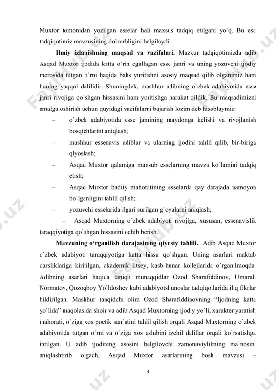 aytilgan fikr-mulohazalar ishimizning ilmiy yangiligini belgilaydi deyishimiz mumkin. tadqiqot predmeti va ob’yekti. ushbu bmi ni yozishda asqad muxtorning turli yillarda yozgan esselarini asosiy o`rganish manbasi qilib oldik. adibning “yosh do`stlarimga” deb nomlangan kitobi bir-birida takrorlanmas g`oyalar ifodalangan esselardan iborat. shuningdek, yozuvchi ijodiga bag`ishlangan tadqiqotlar, maqola, risola, darslik, qo`llanmalardan ham unumli foydalanish yozuvchi ijodiga oid, ayniqsa, romanlar yaratish mahorati haqida yozilgan maqolalarni o`qib o`rgandik. uning esselarini o`qigan har bir kitobxon, hech bir ikkilanishsiz aytish mumkinki, asqad muxtor essening turli xil yo`nalishlarini – badiiy, tarixiy, xotiraviy, publisistik yo`sindagilarini ko`rishi mumkin. tadqiqotning ilmiy ahamiyati. mazkur bitiruv malakaviy ishi natijalari va xulosalaridan umumta`lim maktablarida, akademik litsey, kasb-hunar kollejlarida asqad muxtor ijodiga oid darslarni tashkil etishda, oliy o’quv yurtida asqad muxtor ijodi bo’yicha ma’ruza va amaliy mashg’ulotlar o’tishda foydalanish mumkin. shuningdek, yozuvchi ijodiy faoliyatiga oid maqolalar yozishda ham foydalanish o`rinlidir. bular ishimizning ilmiy va amaliy ahamiyatini belgilaydi. ishning tuzilishi va hajmi. ish kirish, ikki asosiy …