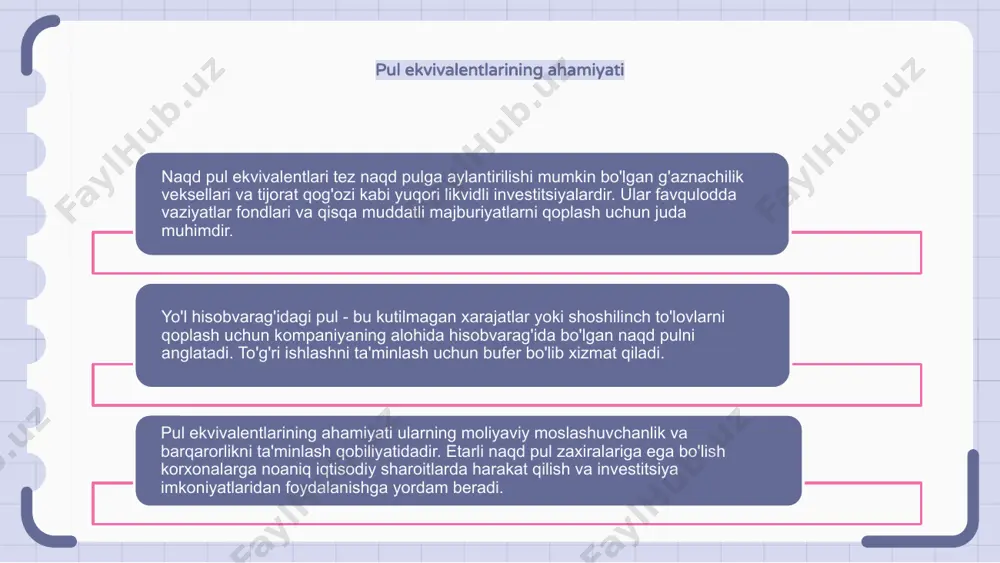 yordam beradi. yo'l hisobidagi pulning afzalliklari naqd pul ekvivalentlari qisqa muddatli investitsiyalarni anglatadi, ular osonlikcha naqd pulga aylanadi. ular likvidlikni ta'minlaydi va darhol majburiyatlarni qoplash uchun ishlatilishi mumkin. yo'l hisobidagi pul mablag'lari sayohat paytida favqulodda vaziyatlar yoki kutilmagan xarajatlar uchun tayyor bo'lishini ta'minlaydi. yo'l hisobidagi pulni saqlashning afzalliklari orasida naqd pulga istalgan vaqtda kirish imkoningiz borligini bilish xotirjamligi va bankomatlarni topish yoki katta miqdordagi naqd pulni olib yurish haqida tashvishlanmaslik qulayligi kiradi. yo'l hisobidagi pulning xususiyatlari pul ekvivalentlari yuqori likvidli investitsiyalar bo'lib, ular osonlik bilan naqd pulga aylanadi. ularga pul bozori fondlari, g'aznachilik veksellari va tijorat qog'ozlari kiradi. yo'lda pul hisobi - sayohat paytida naqd pulni olib yurishning xavfsiz usuli. bu bankomatdan yechib olish va karta to'lovlari orqali pul mablag'lariga oson kirish imkonini beradi. yo'l hisobidagi pulning xususiyatlari past to'lovlar, tezkor pul o'tkazmalari va 24/7 mijozlarni qo'llab-quvvatlashni o'z ichiga oladi. bu yo'lda moliyani boshqarish uchun qulay va xavfsiz variant. yo'l …