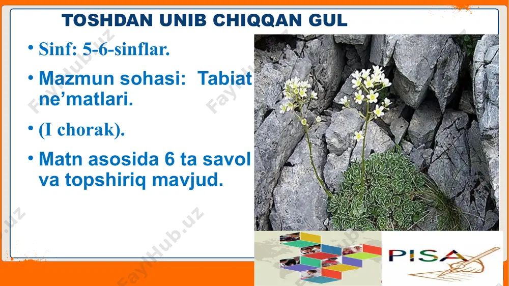 obo va uning nevarasi afonyaning asosiy suhbati qayerda bo‘lib o‘tmoqda? javobingizni yozing. _____________________________________________________________________________________________________________________ ivan voronkov 7 matn yuzasidan savol va topshiriqlar 2 -topshiriq nima uchun keksa titning afonyadan jahli chiqdi? bitta to‘g‘ri javobni belgilang. a. chunki afonya gulni yulib olgan edi. b. chunki afonya bobosi tushuntirmoqchi bo‘lgan narsani tezda tushunib ololmadi. d. chunki afonya oilasidagi an’anani takrorlamaslikni, dehqon bo‘lishni xohlamas edi. e. chunki afonya juda ko‘p savollar berar edi. . ivan voronkov 8 matn yuzasidan savol va topshiriqlar 3-topshiriq afonyaning bobosi - titning fikriga ko‘ra tiriklikning eng muhim qoidasi nimadan iborat ekanligini yozing. javobingizni yozing. ____________________________________________________________________________________________________________________________________________________________ ivan voronkov 9 matn yuzasidan savol va topshiriqlar 4 -topshiriq matn mazmuni asosida chiqarilgan xulosalarning to‘g‘ri yoki noto‘g‘ri ekanligini aniqlang. chiqarilgan xulosalarning to‘g‘ri yoki noto‘g‘ri ekanligini aniqlang. to‘g‘ri noto‘g‘ri agar afonya bobosini tushunmayotgan bo‘lsa, u buni tezda tan oladi. hikoyadagi voqealar kuzning oxirgi kunlarida sodir bo‘lmoqda. afonyaning bobosi tit o‘z fikrini bir gul misolida …