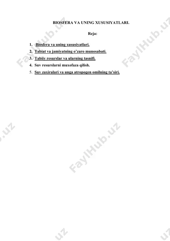 onlarga sarflanadi. yerda energiyaning sarflanishidan tashqari uning bog’lanishi va uzoq vaqtda zaxira sifatida to’planishini ta’minlaydigan yagona jarayon mavjud. bu jarayon fotosintez jarayondir. tirik organizmlarning asosiy sayyoraviy vazifasi quyosh energiyasini boglash va zaxira holatida to’plash bo’lib, bu energiya keyinchalik biosferadagi ko’plab geoximik jarayonlarga sarflanadi. tirik organizmlar o’z tarixi davomida juda katta energiyani o’zlashtirgan. bu energiyaning kattagina qismi tarix davomida bog’langan xolda to’planib qolgan. bo’lar ko’mir, torf va boshqa organik moddalardir. biosferada mikroorganizmlar hayot faoliyat natijasida o’zgaruvchan valentli elementlarning (azot, magniy, ferrum) oksidlanishi va qaytarilishi amalga oshadi. qaytaruvchi mikroorganizmlar geterotrof bo’lib, energiya manbai sifatida organik moddalardan foydalanadi. oksidlovchi bakteriyalar avtograf va geterotrof bo’lishi mumkin. bunday organizmlarning hayot faoliyatining geologik natijasi oltingurgut, metal sulfidlari yotkiziklarining, temirli va temir- marganesli rudalarining hosil bo’lishidir. ko’pchilik geterotroflar: asosan zamburuglar, hayvonlar va mikroorganizmlar hayot faoliyati natijasida organik moddalarning parchalanishi amalga oshadi. bundan tashqari, tuproqda mikroorganizmlar hayot faoliyati natijasida energiya zaxirasiga ega bo’lgan murakkab kompleks birikma - gumus …
