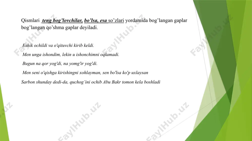 oshmasligini bildiradi. bir…bir, goh…goh kabi bog'lovchilar esa galma-gallikni ifodalaydi. yo sen kel, yo men brayin. goh ishongim keladi, goh barchasidan voz kechgim keladi. bir unga gapiradi, bir menga gapiradi. bo’lsa, esa so’zlari bog’langan qo’shma gap qismlarini bog’lash bilan birga, ular o’rtasida qiyoslash va zidlash munosabati mavjudligini ifodalaydi va bo’lsa, esa so’zlari qiyoslanuvchi bo’lakdan keyin keladi. tovus o’zining chiroyli patlarini ehtiyot qiladi, vijdonli odam esa o’zining sharaf-u shonini saqlaydi. oy tunda kerak, aql esa kunda kerak. image1.jpeg /docprops/thumbnail.jpeg