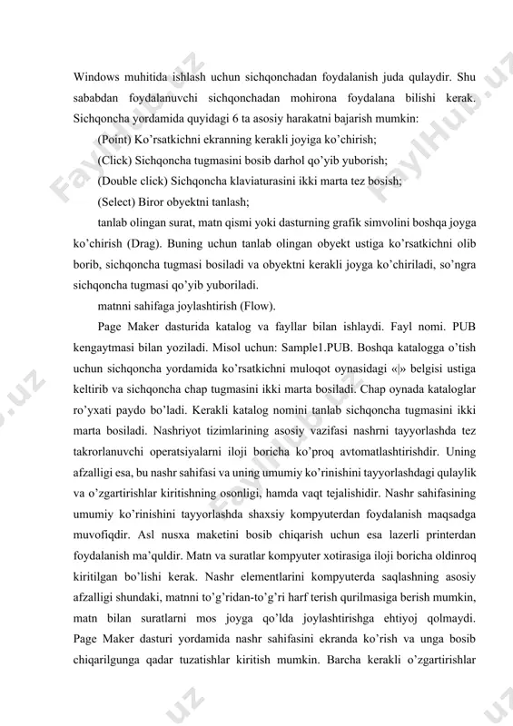 oq kiritilgan bo’lishi kerak. nashr elementlarini kompyuterda saqlashning asosiy afzalligi shundaki, matnni to’g’ridan-to’g’ri harf terish qurilmasiga berish mumkin, matn bilan suratlarni mos joyga qo’lda joylashtirishga ehtiyoj qolmaydi. page maker dasturi yordamida nashr sahifasini ekranda ko’rish va unga bosib chiqarilgunga qadar tuzatishlar kiritish mumkin. barcha kerakli o’zgartirishlar kiritilgandan so’ng, asl nusxa maketi harf terish qurilmasiga uzatiladi yoki lazerli printerda bosib chiqariladi. dastur пуск - программы - adobe— аdоbе page maker 7.0 orqali yuklanadi. yangi nashriyot oynasini ochish uchun fayl(файл)buyrug’ini bajaring. documentsetup (параметры страницы) muloqot oynasi ochiladi. ochilgan muloqat oynasida o’lchamlarni quyidagicha o’zgartiring: shundan so’ng kursorni ok tugmasiga olib boring va bosing. yangi nashriyotga page size (формат) а4 va orientation (betni oriyentatsiyasi) - tall (kitobli). agar nashriyotingiz qog’ozga bir tomonlama chiqariladigan bo’lsa, options (variantlar) double-sided (ikki tomonlama) galochkani olib tashlaymiz, aksincha ikki tomonlama bo’lsa galochka qo’yamiz. ikki tomonlama nashriyotimizga facing pages (ugirish) ga galochka qo’yamiz. restart page numbering (betni yangidan nomerlash) galochka …