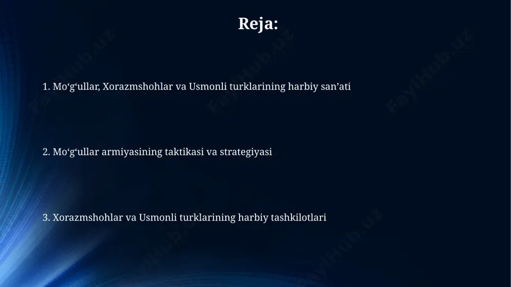 jangchi, shu jumladan, yengil piyoda askarlari, sipāhilar va janissarlar kabi turli qismlardan tashkil topgan bo'lib, ularning ko'pchiligi anadolu va balkanlardan edi. usmonlilarning harbiy tuzilmasi, timpuchlar va toplar kabi og'ir qurollardan foydalanish bilan birga, edirne va konstantinopol kabi muhim shaharlardagi garnizonlarni ham o'z ichiga olgan. usmonli turklari urush strategiyasi 1453-yilda konstantinopolni zabt etishda usmonlilar devorlarni buzishda katta to'plarni va sabotag'ini muvaffaqiyatli qo'llaganlar, bu esa ularning ilg'or muhandislik bilimlariga ega ekanligini ko'rsatadi. usmonlilarning harbiy strategiyasi, an'anaviy yengil piyoda askarlari (yaxshi o'qi otish malakasi bilan) va og'ir otliq askarlari (sipohilar) birlashmasiga asoslangan edi, bu esa ularga turli xil yerlarda jang qilish imkonini berardi. usmonli turklari 15-asrda anadolu va bolqon yarim orolining katta qismini egallab olganlarida, 100 000 dan ortiq askardan iborat kuchli armiyasi bilan mashhur bo'lgan. moʻgʻullar armiyasining tuzilishi moʻgʻul armiyasining muhim tarkibiy qismi, qoʻshinlarning samarali boshqaruvi va tezyurar aloqa uchun qoʻllanilgan kurerlar tizimi edi, ular 2000 km masofani tezlik bilan bosib oʻtishga …