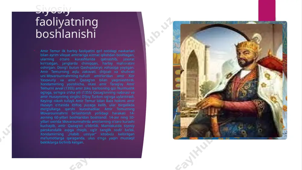 a chashmga zarba berib, shibirgʻon viloyati boʻisundirildi. balx va toshkent viloyatlari ham amir temur hokimiyatini tan oldilar. ammo xorazm oq oʻrda hukmdorlariga suyanib, hanuz boʻysunishdan bosh tortib kelardi. xorazmni amir temur chigʻatoy ulusining ajralmas qismi deb hisoblab, uni oʻz davlatiga koʻshib olish siyosatini tutdi. ammo bu masala elchilar vositasida tinch yoʻl bilan hal etilmagach, amir temur xorazm hududiga besh marotaba yurish qildi. birinchi yurishi 1371-yil yoz (iyul)ida kot shahrini egallash bilan yakunlandi. amir temurning 1373-yil bahori va 1375-yil yozida xorazm tomonga qilgan ikki yurishi natijasiz tugadi. mo’g’ullar istilosi bu orada amir temur moʻgʻuliston hokimi qamariddin bilan ham toʻqnashib qoldi, chunki bu davrda uning movarounnahrga boʻlgan talonchilik xurujlari kuchayib ketgandi. 1370 — 71 yillarda u toshkent va andijon ustiga bir necha bor bosqin qilib, talab qaytgandi. 1376-yilda esa qamariddin hatto fargʻona vodiysining talaygina qismini bosib oldi. amir temur mamlakatning shim.-sharqiy hududlariga nisbatan boʻlayotgan muttasil taxdidni bartaraf qilish uchun qamariddinga jiddiy zarba …