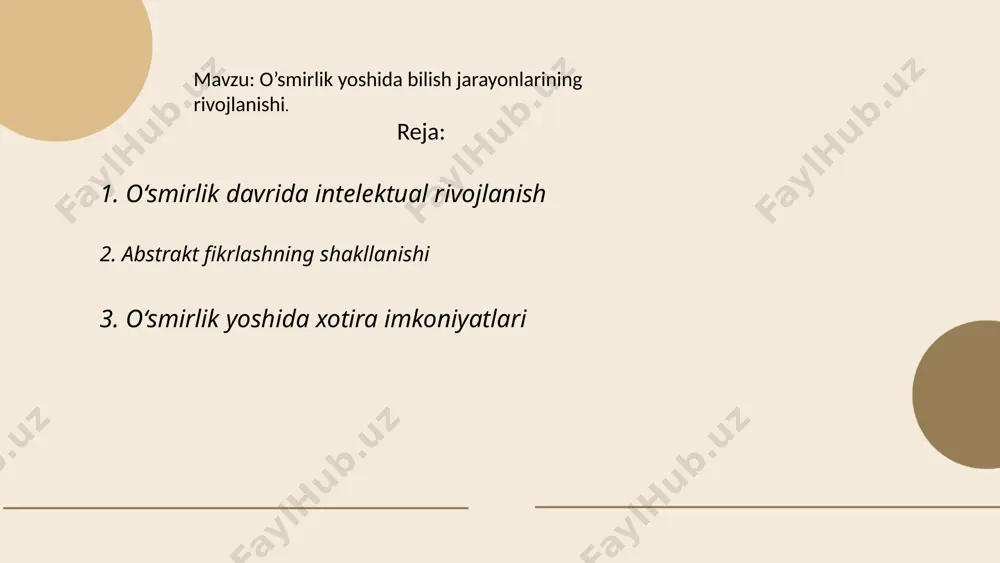 laydai_bot oʻsmirlik yoshida xotira imkoniyatlari juda muhim bosqich hisoblanadi. tadqiqotlar shuni ko‘rsatadiki, bu davrda miya rivoji yuqori sur'atlarda davom etadi. xususan, o'smirlikda xotira bilan bog'liq prefrontal korteksning rivojlanishi kuzatiladi. ushbu yoshda xotira kuchi va konsentratsiya qobiliyatlari o'z cho'qqisiga erishadi. 12-18 yosh oralig‘ida o‘quvchilar ma’lumotlarni tezda eslab qolish va qayta ishlash qobiliyatiga ega bo‘ladilar. miyaning bu davrdagi yuqori plastiklik darajasi mnemotexnika usullaridan foydalanishni osonlashtiradi. statistik ma’lumotlarga ko‘ra, bu davrda xotira samaradorligi 25% ga yaxshilanishi mumkin. shuningdek, miya uchun muhim oziq moddalarni qabul qilish xotirani yaxshilashga katta hissa qo‘shadi. ... t.me/slaydai_bot 4. mantiqiy tafakkurning rivoji mantiqiy tafakkurning rivoji insonning analitik va tanqidiy fikrlash qobiliyatlarini kuchaytirishga xizmat qiladi. bu jarayon ilm-fan, matematika va falsafa sohalarida alohida ahamiyatga ega. mantiqiy tafakkur bolalikdan rivojlantirilishi mumkin, ayniqsa maktab davrida. tadqiqotlar shuni ko'rsatadiki, mantiqiy o'yinlar va masalalar bilan shug'ullanish, eslab qolish va muammolarni yechish mashqlarini bajarish mantiqiy qobiliyatlarni oshiradi. misol uchun, shahmat, sudoku kabi o'yinlar bu borada …