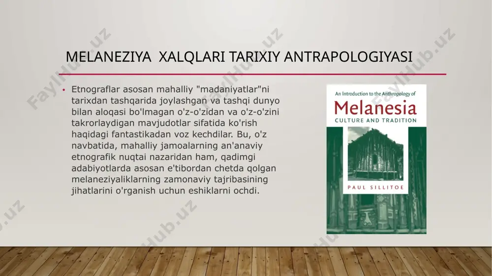 i yaxshilash mumkin deb o'ylashadi. melaneziya xalqlari tarixiy antrapologiyasi ushbu to'plamdagi maqolalar melaneziya haqida va, albatta, melaneziya an'anaviy etnografiyaning o'ziga xos ulushiga ega. bu, ayniqsa, uning eng katta va eng gavjum qismi papua-yangi gvineyaga tegishli. ko'pchilik uchun bu ibtidoiy va yakkalanib qolgan jamiyatning so'nggi posti, g'arb ta'siri hamma joyda juda aniq bo'lsa, borish kerak bo'lgan joy, xuddi ko'p muhojirlar uchun bu imperiyaning so'nggi forposti bo'lgani kabi, afrika davlatlari qaror qilganda borish kerak bo'lgan joy. davlat xizmati va universitet muassasalarini mahalliylashtirish vaqti keldi. axir, papua-yangi gvineya fredrik bart vodiyning narigi tomonidagi mavjudotlar odam ekanligiga hech qachon ishonch hosil qilmagan odamlarni topgan joy; 1980-yillarning boshlarida yangi "yo'qolgan qabila" ning kashf etilishi haqidagi tasavvurni hatto ehtimol bo'lmasa ham tasavvur qilish mumkin bo'lgan joy (qarang, masalan, boyd 1989; gorecki 1984;melaneziyadagi tadqiqotlar 1985). melaneziya xalqlari tarixiy antrapologiyasi antropologlarga qo'yilgan ayblov, ular o'zlari o'rganayotgan jamiyatlarni go'yo g'arb ta'siridan ajralgan sof mavjudotlar bo'lgan begona jismlardek talqin qilish …