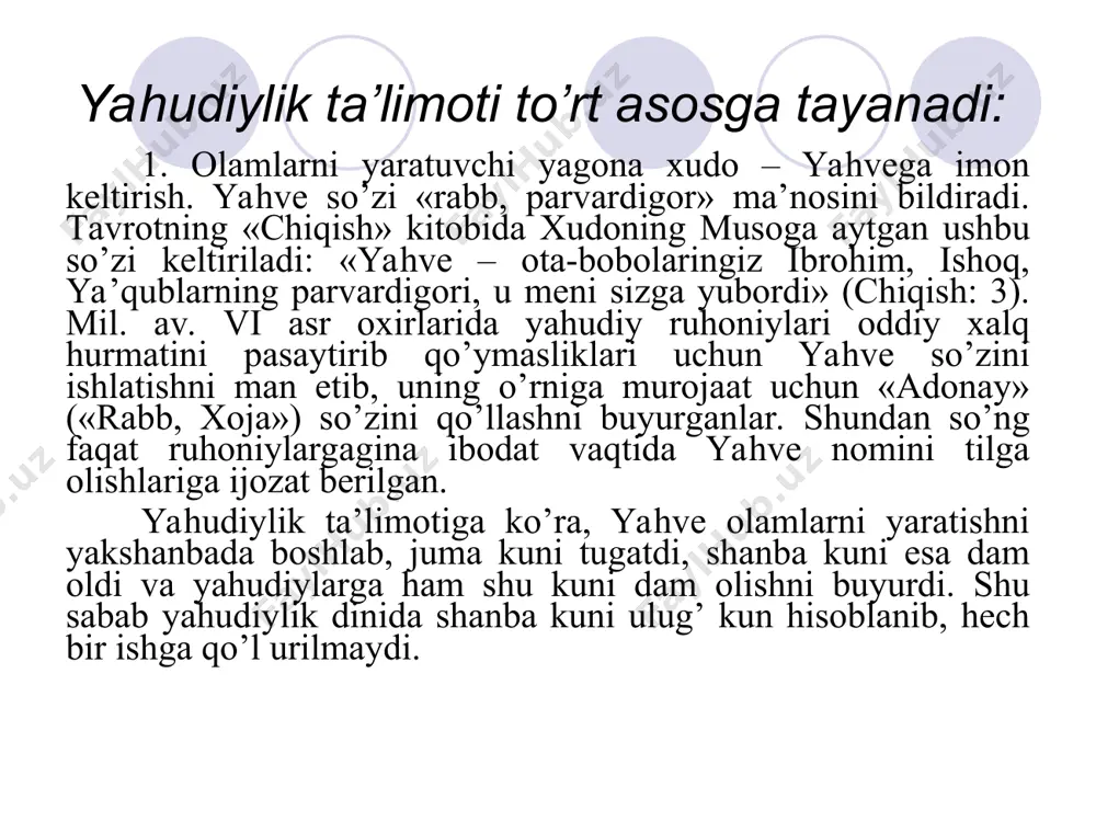 bayon etilgan. osmon xudolari. ular sirasiga dyaus, varuna, indra kabi turli osmonlarni boshqarib turuvchi xudolar kiradi. biroq, varuna keyinchalik suv va dengizlar xudosiga aylanib ketgan. quyosh xudolari. rigvedada quyosh energiyasining turlicha namoyon bo’lishidan besh xudo yuzaga kelganligi haqida so’z yuritilgan. ularning eng qadimiysi mitra («do’st») dir. surya quyoshning yorqinroq namoyon bo’lgan ko’rinishidir. u yunonlardagi apollon kabi yetti ot biriktirilgan g’ildirakli aravalarda tasvirlangan. savitri esa quyoshning quvvat beruvchi kuchida namoyon bo’ladi. pushan muruvvatli hisoblanib, quyoshning mahsuldorlik faoliyatni o’zida namoyon qiladi. ularning yana biri vishnu vedalarda zikr qilingan va keyinchalik unut bo’lib ketgan xudolar orasida abadiy hisoblangan, hozirgi paytda butun hindistonda ulug’lanadi. yer xudolari. yer xudolarining eng ulug’i yerda quyoshning, havoda chaqmoqning, yer ustida olovning mujassamlashuvi hisoblangan olov xudosi agnidir. agni haqidagi afsonalar hindistondan tashqarida vujudga kelgan. braxmanlik veda dinlarining bir shahobchasidir. vaqt o’tishi bilan vedalardagi qo’shiqlar ommaga, hatto ruhoniylarga ham tushunarsiz bo’lib qoldi. bu qo’shiqlar hali o’zgarishga uchramay, muqaddas til va …