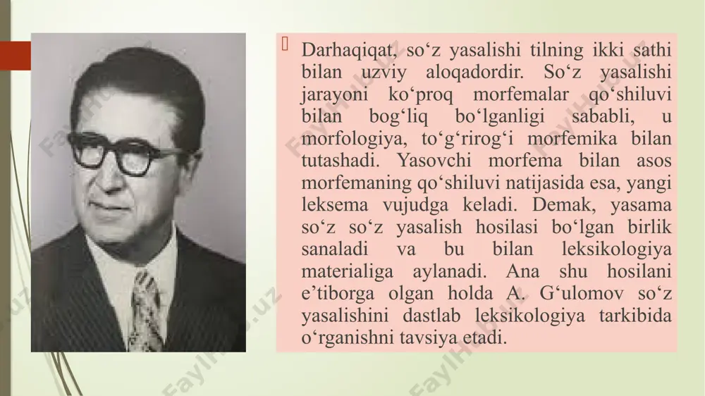 tilshunosligi tarixiga morfologiya va sintaksis atamalarini o. usmonov va b. azizovlar olib kirdilar. 50-yillarda esa, o‘zbek tilshunosligining barcha ilmiy kuchlari birinchi ilmiy o‘zbek tili grammatikasini yaratishga safarbar qilindi. bu yillarda «hozirgi zamon o‘zbek tili kursidan materiallar» rukni ostida o‘zbek tilining barcha sathlari bo‘yicha bir nechta risolalar e’lon qilindi. ular orasida a. g‘ulomning «o‘zbek tilining morfologiyasiga kirish» (1953), «fe’l» (1954), s. usmonovning «o‘zbek tilida undovlar» (1953), h. komilovaning «o‘zbek tilida son va olmosh» (1953), m.asqarova, r. jumaniyozovlarning «o‘zbek tilida ravishdosh va sifatdosh»(1953), s. fuzailovning «o‘zbek tilida ravishlar» (1953), sh. shoabdurahmonovning «o‘zbek tilida yordamchi so‘zlar»(1953) singari asarlari dunyoga keldi. ana shu risolalar asosida 1958 yilda o‘zbek tilshunosligi tarixida birinchi marotaba o‘zbek tilining fonetik, leksik, morfologik sathlarini; shuningdek, o‘zbek tili grafikasi, orfografiya va orfoepiyasini o‘z ichiga olgan yirik asar maydonga keldi. bunday asarning paydo bo‘lishi o‘zbek tilshunosligi tarixida katta voqea edi. bu asar bosilib chiqqandan so‘ng o‘zbek tili morfologiyasiniig ayrim sohalari maxsus monografik …