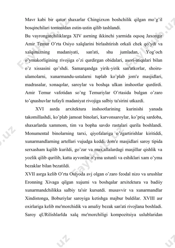 arini turli sabablarni rukach qilib katag’on qilishdi, xunarmand ustalarni esa shaxsiy boylik orttirishda ayblab faoliyatlari tuxtatib quyildi. biroq xalqimizning fidoyi farzandlaridan ijodkor ustalar usta shirin murodov, mirxamid yunusov, shamsiddin g’ofurov, yunus ali musaеv, usmon ikromov, quli jalilov, sulaymon xo’jaеv, xaydar najmiddinov, toshpo’lat arslonkulov, maqsud qosimob, maxmud usmonov, olimjon qosimjonov, yoqubjon raufov, maxmud oblaqulov, abdulla boltaеv, qodirjon xaydarov, ota polvonov, abdurazzoq abduraxmonov va boiha bir qatorlari o’z xunar sirlarini maktabda va maktabdan tadhari muassasalarda yoshlarga urgatishni yulga quydilar, kеyinchalik esa o’z uslubi, yunalishiga ega bulgan xiva, samarqand, buxoro, toshkеnt va qo’qon kabi yirik yog’och o’ymakorlik maktablari rivoj topdi. xiva yog’och o’ymakorligining rivojida ota polvonov va sapo boqbеkovlarning ijodiy faoliyati aloxida urin tutadi. bu maktab o’ymakorligi boiha maktablarga qaraganda o’yma naqshlarning maydaligi, zaminining kamligi, novdalarning zichligi, badiiy to’zilishi jixatidan uynoqiligi, ya'ni novdalarning spiralsimonligi aloxida axamiyat kasb etadi. samarqand yog’och o’ymakorligi maktabida esa o’ymalarning maydaligi, naqsh namunasining murakkabligi, usimliksimon girix; va gulli girix …