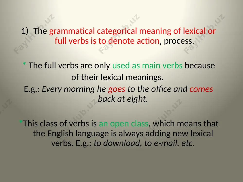 rphological classification of verbs is the way how they form simple past and past participle or participle ii. accordingly verbs are divided into two large groups: *regular * irregular verbs a) regular verbs form past simple and past participle by adding the inflectional suffix –ed, while irregular verbs form these forms individually. b)english irregular verbs can be differentiated into the following subgroups: verbs that form simple past and participle ii *by means vowel gradation(1) drink – drank – drunk begin – began - begun sing – sang – sung sink – sank – sunk *verbs with vowel gradation + affixation for participle ii(2) break – broke – broken take – took -taken give – gave – given write – wrote – written verbs with vowel gradation + the same suffixation forms for simple past and participle ii. (3) bring – brought – brought catch – caught – caught teach – …