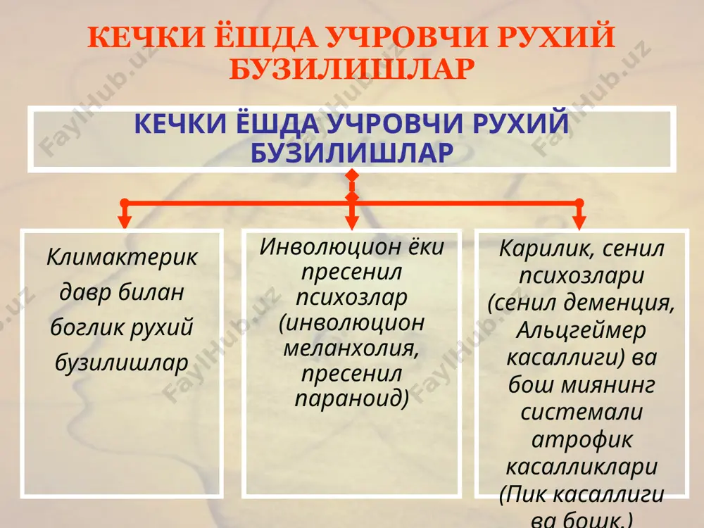 ги шуниси хусусиятлики, касаллик бошланишида шахс узгариши эмас, балки марказий асаб тизими томонидан учокли бузилишлар олдинги уринга чикади. касалликнинг илк белгилари хиссий жонланганлик ва уз холатига танкидий муносабат белгилари нисбатан сакланган холда хотира бузилишлари ва фазода мулжал олишнинг бузилиши, довдираш белгилари кушилиши билан намоён булади. альцгеймер касаллиги вакт утиши билан чукур аклий заифлик дагал апраксик ва аффектив бузилишлар билан ривожланади. карилик деменциясидан фаркланиб, касалликнинг кечиши нисбатан чузилган (10-15 йилгача). касалликнинг якуний боскичида фаолиятнинг махсуллилиги йуколиб, экстрапирамидал мушак ригидлиги, ушлаб олиш, хартум ва бошка рефлекслар пайдо булади. альцгеймер касаллиги аклий заифликка олиб келувчи жараёнга куйидагилар кушилади: нутк, праксис, санок ва таниб олишнинг бузилишлари усиб борувчи амнезия, конфабуляциялар амнестик дезориентировка диккат, идрок, атроф мухитни билишнинг бузилишлари эрта бошланиб, усиб боради альцгеймер касаллиги психотик бузилишлар 30-40% холатларда учрайди: рудиментар васваса, паранойял ва галлюцинатор синдромлар кам системалашган, кичик камровли зарар етказиш, рашк, таъкиб васваса гоялари альцгеймер касаллиги экзоген турдаги эпизодлар (делирий, психомотор кузгалиш, курув …