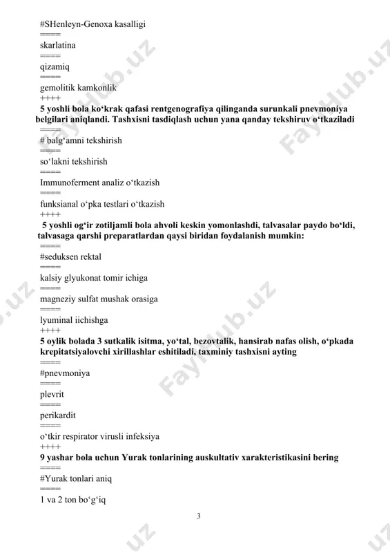 stadiyasida ==== 1 stadiyasida ++++ beklametazonning chiqarilish dozasi ==== #20-40-60 mkg ==== 50-100-200-250 mkg ==== 120-140 mkg ==== 10-20-30 mkg ++++ berilgan antigistamin preparatlaridan qaysisi sedativ ta’sir ko’rsatmaydi ==== # tavegil ==== dimedrol ==== pipolfen ==== diazolin ++++ berilgan yo‘talga qarshi preparatlardan qaysi biri nonarkotik xarakterli ==== #lazolvan ==== kodein ==== glauvent ==== libeksin ++++ berilgan yo‘talga qarshi preparatlardan qaysi biri narkotik xarakterli ==== # kodein ==== bromgeksin ==== ambroksol ==== pertussin ++++ berilgan yo‘talga qarshi preparatlardan qaysi biri markaziy ta’sirga ega ==== # glauvent ==== bromgeksin ==== ambroksol ==== pertussin ++++ berilgan yo‘talga qarshi preparatlardan qaysi biri periferik ta’sirga ega ==== #libeksin ==== kodein ==== glauvent ==== sinekod ++++ birlamchi segmentar zotiljamga xarakterli (ortiqchasini ko‘rsating): ==== #qorinda og‘riq ==== gomogen segmentar soyalar ==== nafas shovqinlari ==== yaqqol bo‘lmagan perkutor tovushlari ++++ bola 5 oylik, onasining shikoyati isitma 38,5 °s, bezovtalanish, burnidan suv kelishi, yo‘tal, ko‘krakni olmaslik. sizning dastlabki tashxisingiz …