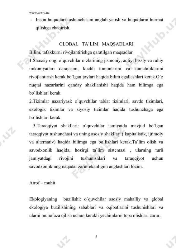 ar to`g`ri tuzilgan diyetalar, kerakli mashg`ulotlar va turmush tarzi orqali jismoniy sog`liqlarini ushlab turish qobiliyatiga ega bo`lishlari kerak. 3.insonlararo fikrni bildira olish: oq`uvchilar o`z istak-tilaklarini, hissiyotlarini va fikrlarini boshqarishlarning huquqlariga putr yetkazmagan holda erkin bildira olishlari kerak. erkinlik: o`quvchilar o`zlari va boshqalar haqida hissiyotlarini ijodkorlik ila bildira olishlari va bir-birlariga yordam, masalahatlarini berib, bir-birlarini qo`llab-quvvatlay olishlari kerak. 4. to`gri qaror qabul qilish qaror qabul qilish: o`quvchilar hayotlarining har bir jabhasida axborot yig`ish, ajratish va baholash hamda intuitsiya jarayonlarida to`g`ri fikr qabul qila olish qobiliyatiga ega bo`lishlari lozim. 5. tasvirlay olish ijodiy fikrlash: o`quvchilar yangi qarashlar va nuqtai nazarlar hosil qilish uchun o`zlarining belgilangan imkoniyatlaridan tashqariga chiqa olishlari kerak. muammo yechish: o`quvchilar axborotni boshqarish, ijodiy fikrlash va intuitsiya yordamida hayotlarining barcha jabhalaridagi muammolarni yecha olish imkoniyatiga ega bo`lishlari lozim. insoniy ijobiy munosabatlarni shakllantirish va o`stirishga qaratilgan maqsadlar 1.ijobiy shaxsiyat o`z imkoniyatlariga ishonch: o`quvchilar shaxsiy qadr-qimmat va o`z jismoniy, aqliy, hissiy va …