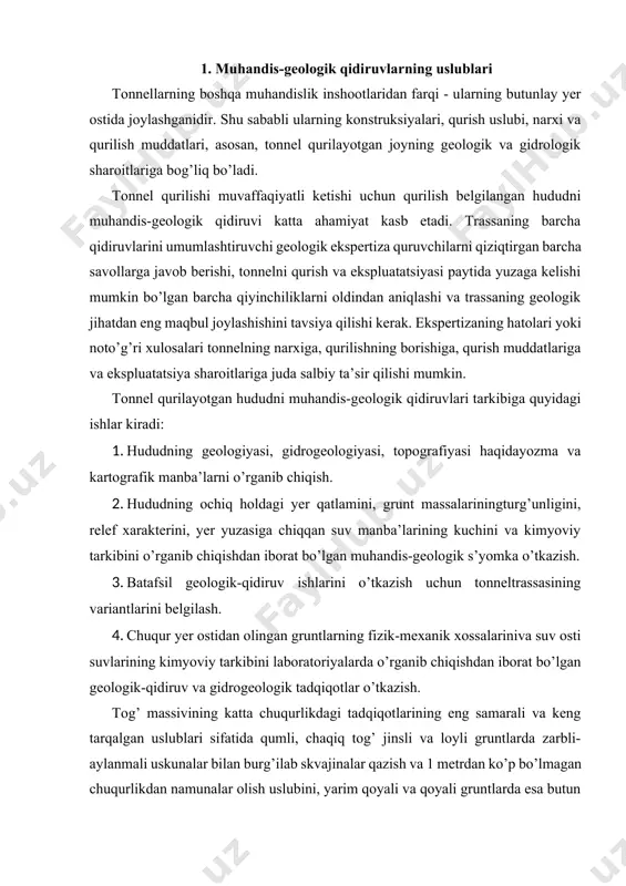 i va loyli gruntlarda zarbli-aylanmali uskunalar bilan burg’ilab skvajinalar qazish va 1 metrdan ko’p bo’lmagan chuqurlikdan namunalar olish uslubini, yarim qoyali va qoyali gruntlarda esa butun chuqurligi bo’yicha kern olinadigan kolonkali qazish uslubini ko’rsatib o’tish mumkin. burg’ilab qazish jarayonida skvajinalar loyli qorishma bilan yuvilmaydi. skvajina chuqurligini tonnelning osti joylashgan chuqurlikdan 6 metrga ortiq olinadi, murakkab geologik sharoitlarda esa skvajina tonneldan pastda joylashgan turg’un gruntlar qatlami ichiga 2 metrga chuqurlashtiriladi. skvajinalarning soni va joylashishi metropolitenlar, tog’ temir yo’l va avtoyo’l tonnellarini loyihalash va qurish uchun muhandis-geologik qidiruvlar o’tkazish bo’yicha qmq 2.05.05-96 ga binoan qabul qilinadi. skvajinalarning umumiy sonini kamida 1/3 qismi filtrlar bilan jihozlanadi. filtrlar vositasida namunalar olinib suv osti suvlarining debiti, kimyoviy tarkibi, harorati, sathlarining o’zgarib turishi va gruntlarning filtratsiya koeffitsientlari aniqlanadi. olingan ma’lumotlar suv osti suvlarining rejimi va tog’ massivining tuzilishi haqida tasavvurga ega bo’lish uchun yetarli hisoblanadi, lekin ular quruvchilarni qiziqtirgan barcha savollarga javob bera olmaydi. tonnelning o’qi …