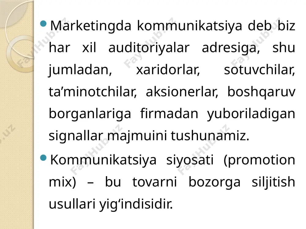 gani ham uning yuqori narxidan ta’sirlanmagan holda ishlatadi. xaridorlarni jalb qilish, ularning talabini shakllantirish tadbirlari o‘tkazishga katta mablag‘ ajratish orqali uyushtiriladi. tovarning ham narxi yuqori o‘rnatilib ko‘p foyda olish nazarda tutiladi. bozorga tanlov asosida kirish uslubi. uning hajmi katta bo‘lmagan holatda ishlatiladi. tovar ko‘pchilikka noaniq, unga yuqori narx qo‘yilsa ham xaridorlar sotib olish mumkin. raqobatchilar bozorda juda oz va shuning uchun talabni rag‘batlantirishga kam xarajat qilib ko‘proq foydaga erishish mumkin. 3. bozorga keng ko‘lamli kirib borish uslubi. bozorning hajmi katta, tovar haqida xaridorlar kam taassurotga ega va uning narxi balandligiga rozi bo‘lmagan davrda ishlatiladigan uslub. undan tashqari raqobat kuchli, tovar ishlab chiqarishni ko‘paytirish natijasida uning tannarxi pasayadi va «narxlar jag‘i»ga imkon yaratadi. rag‘batlantirishga ko‘proq mablag‘ ajratishga imkoniyat yaratiladi. 4. sust marketing uslubi bilan bozorning hajmi katta bo‘lganda, xaridorlar tovarni yaxshi bilsada, kamroq xarajatlar qilib, pastroq narx orqali, raqobat kam sharoitda muvaffaqiyatga erishiladi. sotuvchilarga qaratilgan rag‘batlantirish tadbirlari, asosan tovar sotilishi hajmini …
