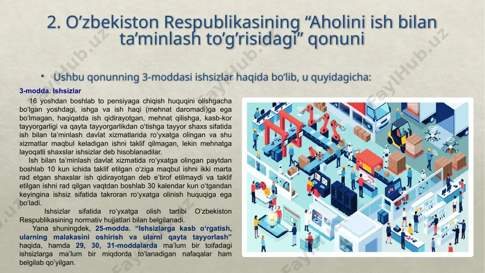 arning ichida asosiylari ishlab chiqarishni mexanizastiyalash, avtomatlashtirish, robotlashtirish va informastion texnologiyani qo’llash hisoblanadi. hududiy ishsizlik muayyan hududdagi tarixiy, demografik, madaniy, milliy va ijtimoiy–ruhiy xususiyatdagi bir qator kompleks omillar ta’siri ostida ishchi kuchi talabi va taklifi o’rtasidagi nomutanosiblik natijasi hisoblanadi yashirin ishsizlik uchun ish kuni yoki ish haftasi davomida to’liq band bo’lmaslik xos.iqtisodiyot rivojlanishi darajasining pasayishi korxonalardagi ishlab chiqarish hajmining qisqarishiga olib keladi.biroq, korxona egalari o’z ishchilarini birdaniga ishdan bo’shata olmaydilar.buning natijasida ishchilarning ma’lum qismi rasman ish bilan band bo’lsalarda, amalda to’liqholda ishlamaydilar.buning natijasida mehnat unumdorligi pasayib, korxona moliyaviy natijalariga ta’sir ko’rsatadi.yashirin ishsizlik mamlakatda vujudga kelishi mumkin bo’lgan ijtimoiy keskinlikka yo’l qo’ymaslikka intilish natijasida ham paydo bo’ladi. turg`un ishsizlik mehnatga layoqatli aholining ish joyini yo’qotgan, ishsizlik bo’yicha nafaqa olish huquqidan mahrum bo’lgan va faol mehnat faoliyatiga hech qanday qiziqishi bo’lmagan qismini qamrab oladi. professor m.n.chepurin va e.a.kiselevalar umumiy tahriri ostida tayyorlangan o’quv qo’llanmada «ixtiyoriy» va «majburiy» ishsizlik turlari ham ajratib ko’rsatiladi. …