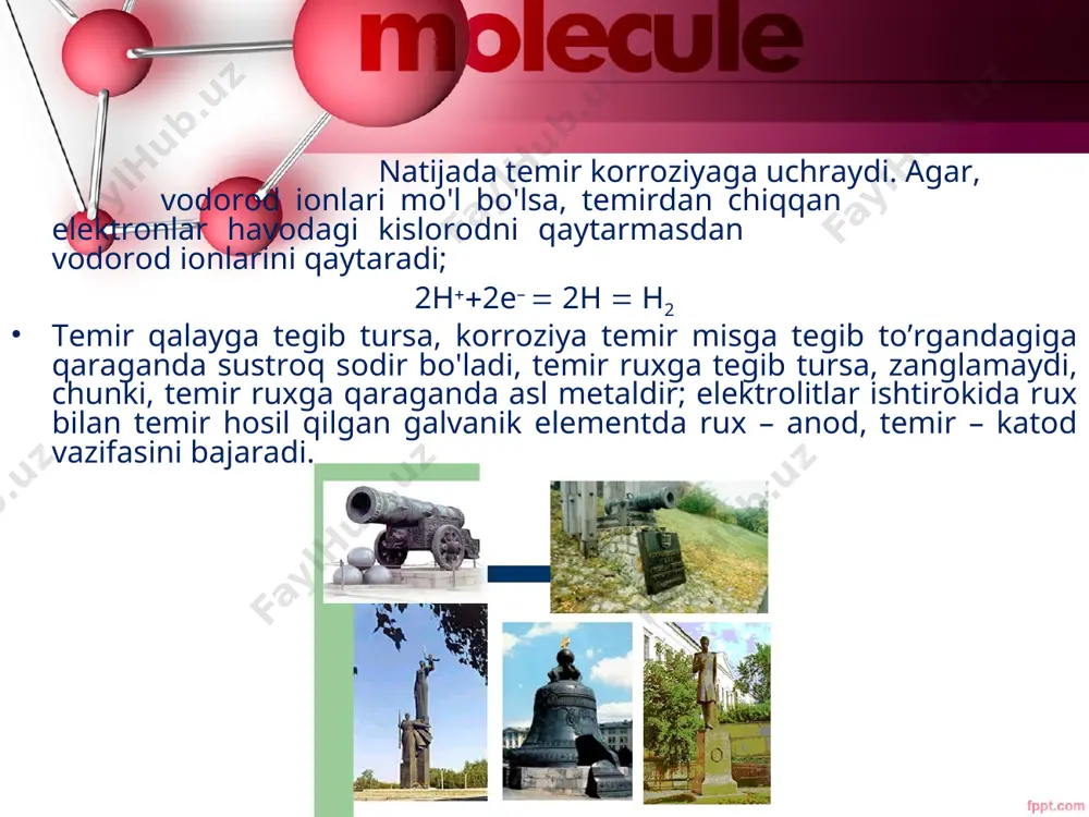 qutbga joylab elektroliz o'tkaziladi, bu jarayon anodirlash deyiladi. foydalanilgan adabiyotlar 1.yu.t.toshpo'latov, sh.ye.ishoqov. anorganik kimyo. toshkent. «o'qituvchi». 1992 y. 2.n.a.parpiyev, h.r.rahimov, a.g.muftaxov. anorganik kimyo nazariy asoslari. toshkent. «o'zbekiston». 2000 y. 3.q.ahmerov, a.jalilov, r.sayfutdinov umumiy va anorganik kimyo. toshkent. «o'zbekiston» 2003 y. 4. www.ziyonet.uz 5. www.referat.uz 6. www.kitob.uz