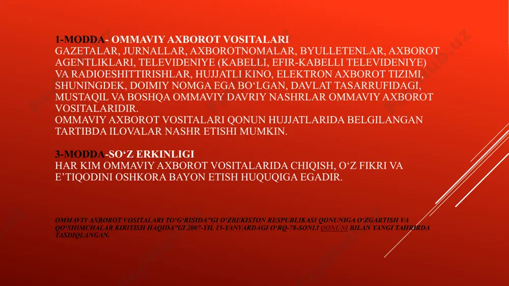 italarining jamiyatdagi o‘rni qanday? ommaviy axborotvositalari kuni qachondan boshlab bayram sifatida nishonlanmoqda? ommaviy axborot vositalari to ‘g ‘risida qanday qonun va qarorlarni bilasiz? ilk gazetalar qayerlarda chiqa boshlagan? 6.matbuot erkinligi qaysi qonun moddasiga kiritilgan? ommaviy axborot vositalariga nimalar kiradi? radio tarixi haqida nimlarni bilasiz ? image1.png image2.png /docprops/thumbnail.jpeg