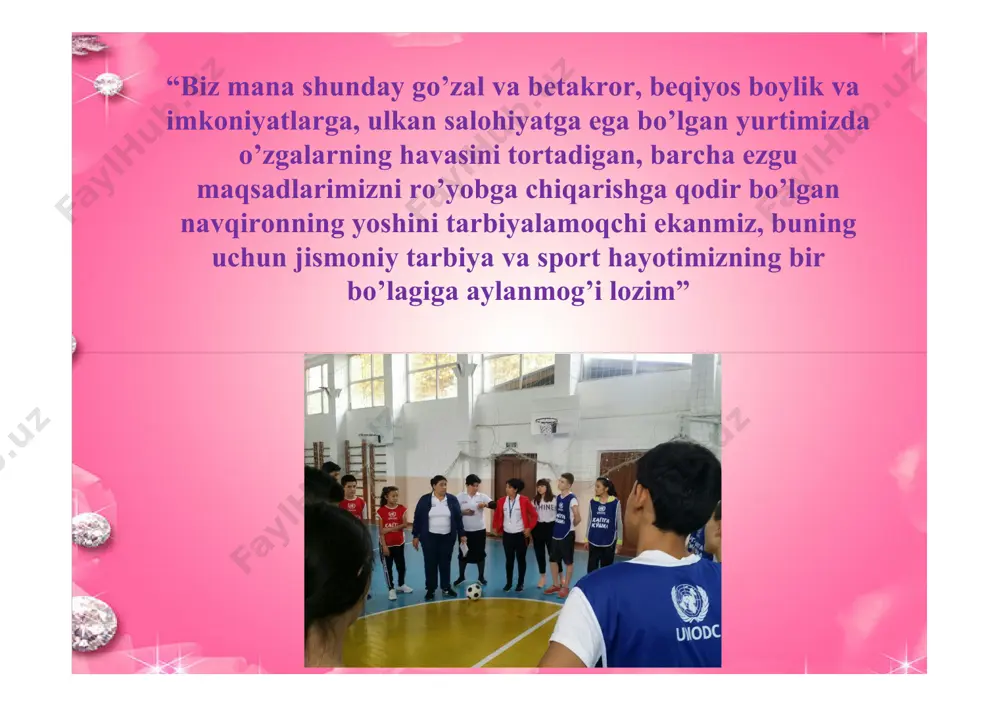 turli to’siqlardan o’tishda turli estafetalar o’tkazilishida shikastlanishning oldini olish qoidalariga amal etib bajarish. 3. malaka harakatli o’yinlarni to’g’ri va aniq bajara olish, yurish va yugurish texnikasini amalda qo’llash i. tashkiliy qism (4-5 daqiqa) 1. bir qatorga saflanish. 2. salomlashish. 3. sardor hisoboti. 4. davomatni aniqlash. 5. uyga berilgan vazifalarni muhokama qilish. 6. yangi mavzu bilan tanishtirish va dars davomida 7. nazariy bilim berib borish. ii. tayyorlov qism (10-12 daqiqa) a) saf-qator mashqlar : o’ngga va chapga burilishlar, turgan joyda orqaga va oldinga aylanishlar. b) yurish mashqlari. c) yugurish mashqlari d) to’rt qatorga saflanib, umumrivojlantiruvchi mashqlarini bajarish iii. asosiy qism (25-27 daqiqa) 1-spor mashg`ulaoti.darvozaga zarba berish yoki bermaslik? tayyorgarlik: kerakli anjomlar. 1 ta to`p bu o`yin futbol maydonida tashkiul etiladi.o`yinchilar ikki jamoaga bo`linadi.xakam o`rnida ishtirochilardan bittasi sylanadi. o`yinning birinchi tayimi maydoning yarimi bir darvoza bilan tashkil etadi.harbir jamoa “provokator”rolini bajaradigan bir o`yinchi tayinlang. o`yinning maqsadi va qoidalari. 1.ikki jamoa bo`sh turgan …
