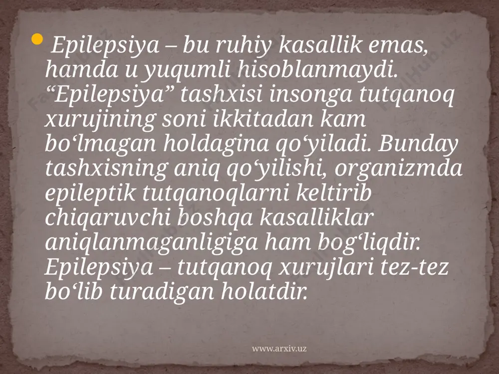 uchlanish, boshqalari hech qachon his kilmagan huzur - halovat. aura murakkab ko'z, eshitish va boshqa gallyutsianator kechinmalar, gavdaniug tuzilishidagi asabiylashish. aura sifatida murakkab ruhiy zo'riqish holatida, ya’ni awaldan ko'riugandau hayajonlanish yoki “hech qachon ko'rininaganning takrorlanishidan tashvishla-nib takrorlanish mumkin. www.arxiv.uz auradan keyin tutqanoqnnig tonik fazasi keladi. u to'liq hushidan ketish, boshlang’ich qichqiriq, ya’ni tutqanoq tutishdan oldin havo nafas yo’lini qisqatiradi. kasal odatda, oldiiigi tomonga yiqiladi ko’pincha jarohatlanadi, biron a’zosi sinadi yoki chiqadi. bosh orqaga qayriladi , ko’z katta ochilgan, nazari harakatsiz. gavdasi kuchlanishli, qo’ 1 bannoqlari mushti tugilgan bo'ladi. dastlabki oqarish tsianoz bilan alinashadi. tonik faza 10-30 sekund davom etganidan keyin 1-2 minut klonik faza keladi. u gavda qismi va a’zolarining ketma-ket bukilib yoki yozilib turishi, nafas yotida xirillash va boshqa kotmishlarda bo'ladi. www.arxiv.uz absans birdaniga va qisqa 2-5 soniya vaqtida hushdan ketish bilan kechadi. hushdan ketish, ma`nosiz boqish, faoliyatining buzilishi va vegetativ alomatlar bilan o`tadi. xuruj paytida bemor yeqilmaydi va …
