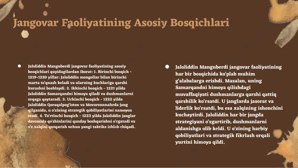 a jaloliddin jaloliddin manguberdi, xiii asrda yashab o'tgan, o‘zbekiston tarixida juda muhim shaxsdir. u mo‘g‘ullar istilosiga qarshi kurashgan va o'z vatanining erkinligini himoya qilgan. jaloliddinning harbiy strategiyalari va jasorati, o'z zamonasida ko'pchilikka ilhom berib, ularni birlik va mustaqillik uchun kurashishga undagan. uning faoliyati, ayniqsa, 1220-yillarda mo‘g‘ul boshqaruviga qarshi olib borilgan janglar bilan bog‘liq. jaloliddin, o'zining qahramonligi bilan, o‘zbekistonning tarixiy voqealarida muhim rol o'ynadi va o'z xalqining qahramoni sifatida yodga olinadi. jaloliddin va o'zbekiston tarixi jaloliddinning o'zbekiston tarixi bilan aloqasi va uning muhim janglari. jaloliddin manguberdi o'zbekiston tarixida muhim shaxs hisoblanadi. u mo'g'ul istilosiga qarshi kurashda o'zbekiston xalqlarini birlashtirgan. uning eng muhim janglaridan biri 1220-yilda bo'lib o'tdi, bu jangda jaloliddin mo'g'ullarni mag'lub etmişdir. u shuningdek, o'z davrining siyosiy muhitida ko'plab qiyinchiliklarga duch keldi, ammo xalqini himoya qilish maqsadida harakat qildi. jaloliddinning yutug'i nafaqat janglardagi g'alabalari, balki o'zbekiston xalqi uchun qahramon sifatida tanilishi bilan ham bog'liq. merosi va unutilmas qahramon jaloliddin manguberdi …