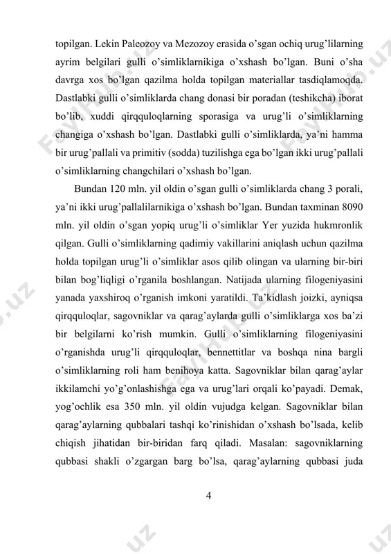 r yo’q bo’lib ketgan yanada soddaroq o’simliklardan kelib chiqqan, magnoliyalar esa ulardan keyin paydo bo’lgan deb tushuntiradi. lekin, hozirgacha gulli o’simliklarning kelib chiqishi masalasi uzil kesil hal qilinmagan. shu sababdan gulli o’simliklar haqida tuzilgan tizimlar (sistema) 20 dan ortib ketdi. gulli o’simliklarning kelib chiqishi to’g’risida asosan 3 ta nazariya mavjud: 1. psevdant (soxta) gul nazariyasi. bu nazariyaning asoschilari r. vettshteyn va a. karstenlarning (1900) fikricha, eng qadimiy sodda tuzilishga ega bo’lgan o’simliklarning gullari bir jinsli, gulqo’rg’oni oddiy yoki gulqo’rg’onsiz bo’lgan. ular shamol vositasida changlangan. bunday o’simliklarga misol qilib, qizilcha (efedra) va kazuarinlarni keltirishadi. 2. strobilyar nazariya 1905 yilda yaratilgan. ochiq urug’lilarning vakili bennetgitlarning qoldiqlari topilgandan keyin bu nazariya paydo bo’lgan. unga ko’ra bennettitlarning strobillaridan gul paydo bo’lgan degan xulosaga kelingan. bu nazariyasi bo’yicha, strobillardan hosil bo’lgan gul ikki jinsli, gulqo’rg’onli bo’lib, hasharotlar vositasida changlangan. unga misol qilib, magnoliyalar olingan. nemis botanigi x. gallir (1912), ingliz olimlari, a. arber, d. parkinlar …