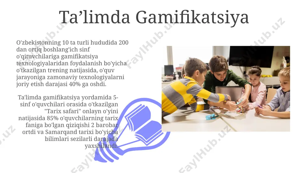 ar o'quvchi bilan samarqanddagi tarixiy joylarga sayohat qilib, 10 ta tarixiy yodgorlik haqida hikoyalar yozish va taqdimot tayyorlash bo'yicha ijodiy loyiha amalga oshirildi. ota-onalar bilan hamkorlik samarqand viloyati 5-maktabida o’tkazilgan ota-onalar yig’inida 20 dan ortiq ota-ona o’quvchilarning darsdan tashqari faoliyatlarida faol ishtirok etishga rozilik bildirdi va 3 ta loyihaga qo’shildi. farg’ona viloyati maktablarida o’tkazilgan so’rov natijalariga ko’ra, 80% ota-ona bolalari bilan maktabdan tashqari o'qishga 2 soatdan kam vaqt ajratishini ta’kidladi, shu sababli maktab tomonidan qo’shimcha resurslar taqdim etildi. o‘quvchilarning mustaqil o‘rganishini rag‘batlantirish farg‘onada joylashgan maktabda 4-sinf o‘quvchilari orasida mustaqil loyihalarni bajarish orqali o‘zlarining taqdimotlarini tayyorlash bo‘yicha 7 ta guruh tashkil etildi, ular 2 hafta davomida ishlashdi. mustaqil o‘rganishni qo‘llab-quvvatlash uchun toshkentdagi maktabda 20 nafar 3-sinf o‘quvchisi uchun onlayn resurslarga (masalan, khan academy) kirish imkoniyati va 5 ta individual konsultatsiya taqdim etildi. innovatsion pedagogik texnologiyalarni qo‘llash 01 02 andijon viloyatidagi 1-maktabda o‘qituvchi 10 ta turli onlayn platforma va dasturlarni qo‘llab, o‘quv …