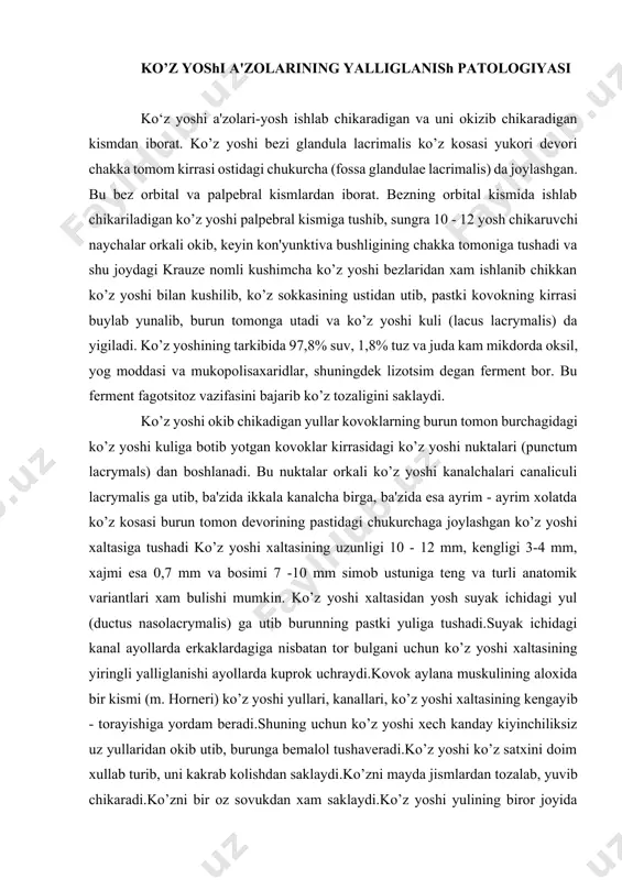iglanishi ayollarda kuprok uchraydi.kovok aylana muskulining aloxida bir kismi (m. horneri) ko’z yoshi yullari, kanallari, ko’z yoshi xaltasining kengayib - torayishiga yordam beradi.shuning uchun ko’z yoshi xech kanday kiyinchiliksiz uz yullaridan okib utib, burunga bemalol tushaveradi.ko’z yoshi ko’z satxini doim xullab turib, uni kakrab kolishdan saklaydi.ko’zni mayda jismlardan tozalab, yuvib chikaradi.ko’zni bir oz sovukdan xam saklaydi.ko’z yoshi yulining biror joyida tusik paydo bulganda ko’z doim yoshlanib kishini juda kiynab kuyadi. ko‘z yoshi bezi va ko’z yoshi yullarining yalliglanishi kupincha surunkali buladi. mikroblar, bakteriya, virus va zamburuglar ta'siri ostida vujudga keladi. bularga organizmning umumiy surunkali kasalliklari va ko’z yoshi yullarining torayishi sabab buladi. ko’z yoshi bezining kamdan kam uchraydigan o‘tkir yalliglanishi dakrioadenit (dacrioadenitis acuta) organizmning zotiljam, suzak, kattik shamollash va grippdan kuvvatsizlangan odam yoki yosh bolalarda tepkidan bulishi mumkin.bunda yukori kovok chakka tomonining uchdan bir kismida kizarish, juda ogrikli shish paydo buladi.badanning umumiy kakshashig` isitmaning kutarilishi, bosh ogrishi bilan boshlanadi. yukori …