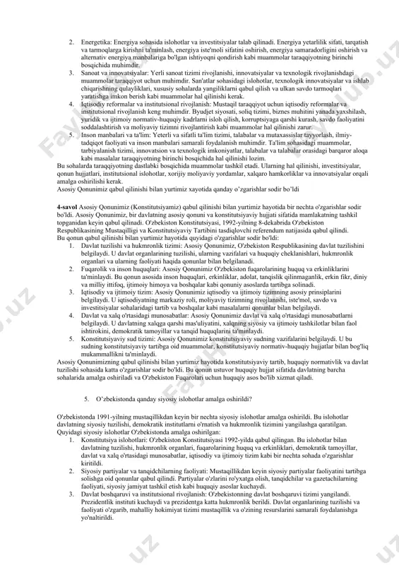 a'minlash va shaxsiy huquqlarni himoya qilishdir. bular o'zbekiston respublikasining davlat hokimiyati tuzilishining umumiy xususiyatlari bo'lib, bu tuzilishning asosida davlatning ishlash va boshqarish jarayonlari amalga oshiriladi. 2-savol o’zbekistonning o’ziga xos taraqqiyot yolini belgilashda qaysi tamoillarga asoslanilgan? o'zbekistonning o'ziga xos taraqqiyot yolini belgilashda bir nechta tamoillar asoslanadi. bu tamoillar o'zbekiston respublikasining milliy strategiyasi haqida qarorlar, dasturlar va strategiyalar asosida belgilanadi. quyidagi asosiy tamoillar o'zbekistonning taraqqiyot yo'lini belgilashda muhim ahamiyatga ega: 1. iqtisodiy diversifikatsiya: o'zbekiston iqtisodiy diversifikatsiyaga qiziqish ko'rsatgan, yani iqtisodiy sektorlarni kengaytirishga va turli sohalar bo'yicha iqtisodiy faoliyatni rivojlantirishga e'tibor qaratadi. bu tarzda, neft, gaz, tekstil, kimyo, transport va loyihalar sohalarida iqtisodiy tarmoqlar yaratishga intiladi. 2. infrastruktura rivojlanishi: o'zbekiston hokimiyati, transport, kommunikatsiya, energiya va boshqa infrastrukturalar sohasidagi rivojlanishga katta e'tibor beradi. yollar, temir yo'llar, aviatsiya, telekommunikatsiya tarmoqlari va energiya iste'moli sohasidagi infrastrukturani rivojlantirishga katta investitsiyalar sarflanadi. 3. yerli iqtisodiyotni rivojlantirish: o'zbekistonda o'z mahsulotlari ishlab chiqarishga, xususiy brandlarni o'rnatishga va eksport qilishga katta …
