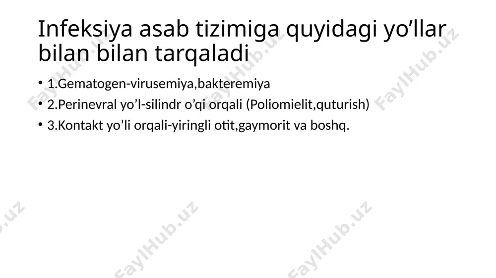 degeneratsiyasi bilan bog‘liq. bemor boshini qo‘li bilan iyagidan ushlab ko‘tarib yuradi. bulbar simptomlar, ya’ni disfagiya, disfoniya va dizartriya paydo bo‘ladi. ammo ular yaqqol ifodalangan bo‘lmaydi. klinika kasallik boshlanganidan 1 hafta o‘tgach, tana harorati pasaya boshlaydi. meningeal simptomlar orqaga chekinadi va og‘riqlar kamayadi. kasallik yengil kechgan hollarda periferik falajlik belgilari kamayib, harakat funksiyalari butunlay tiklanadi. kasallik og‘ir kechgan hollarda bo‘yin va yelka muskullarida umrbod atrofik falajliklar saqlanib qoladi. biroq harakat funksiyalarining faol tiklanish davri bir yilgacha davom etishini esda tutish lozim. tashxis epid anamnez-bemorning endemik o‘choqlarda bo‘lganligiga va xom sut iste’mol qilgan-qilmaganligiga e’tibor qaratiladi. shuningdek, kana ensefalitiga xos klinik simptomlarga e’tibor qilinadi. bemorning teri qoplamlari, ayniqsa, bo‘yin va qo‘ltiqosti sohalari tekshirib laborator tekshiruvlardan qon va likvor analizlari o‘tkaziladi. kasallikning o‘tkir davrida likvor bosimi ko‘tariladi, limfositar pleositoz paydo bo‘ladi va oqsil miqdori 1,0 g/l dan oshadi. qonda yallig‘lanish reaksiyalari aniqlanadi, ya’ni echt oshadi va leykositoz kuzatiladi. serologik tekshiruvlar kasallm ik etiologiyasini aniqlashga …