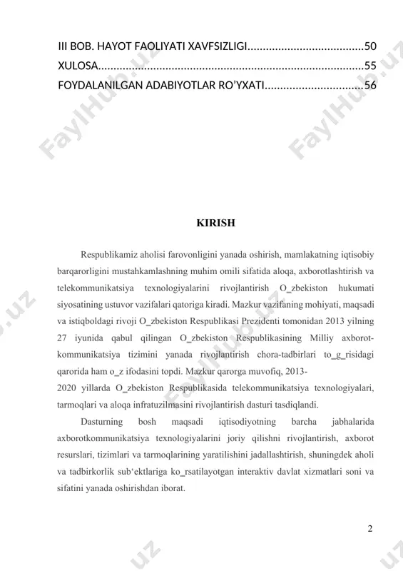 ekiston respublikasida telekommunikatsiya texnologiyalari, tarmoqlari va aloqa infratuzilmasini rivojlantirish dasturini shartli ravishda yana ikki dasturga bo‗lish mumkin. birinchi dastur – o‗zbekiston respublikasi telekommunikatsiya texnologiyalari, tarmoq va infratuzilmasini rivojlantirish bo‗lsa, ikkinchi dastur – ―elektron hukumat‖ tizimining axborot tizimlari va ma‘lumotlar bazasi kompleksini yaratish. telekommunikatsiya texnologiyalari, tarmoq va infratuzilmasini rivojlantirish dasturida keng polosali texnologiyalar yordamida simli va simsiz aloqani, ma‘lumotlar uzatish hamda ovozli trafik kommutatsiya markazlarini yanada rivojlantirish, magistral telekommunikatsiya tarmoqlarini ta‘mirlash va kengaytirish, multimedia xizmatlarini ko‗rsatish uchun zarur infratuzilmani yaratish vazifalari belgilab olingan. misol uchun, 2020 yigacha keng polosali optik aloqa tarmoqlarini rivojlantirish va kengaytirish, undan so‗ng mamlakatning barcha hududlarida evdo, 3g, 4g lte baza stansiyalarini o‗rnatish ishlarini olib borish rejalashtirilgan. korporativ sohalar uchun multimedia xizmatalrini ko‗rsatish studiyalarini ishga tushirish, axborot-ma‘lumotnoma markazlari, ma‘lumotlarni saqlash va qayta ishlash, keshlash markazlari faoliyatini takomillashtirish ko‗zda tutilgan. o‗zbekiston respublikasi prezidentining 2013 yil 27 iyundagi pq-1989-son qarori bilan o‗zbekiston respublikasida ―elektron hukumat‖ tizimini rivojlantirish bo‗yicha quyidagi …