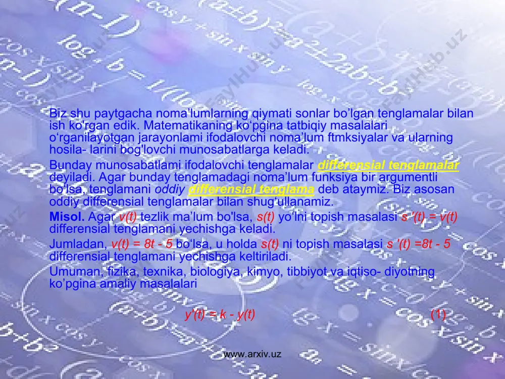 echimi cheksiz ko‘p. www.arxiv.uz www.arxiv.uz misollar: 1. boshlang‘ich temperaturasi t ga teng bo‘lgan jism temperaturasi 0 ga teng bolgan muhitga joylashtirilgan bo‘lsin. temperaturaning ∆t vaqt ichida ∆t qadar pasayishi ∆t= -kt ∙ ∆t bilan ifodalanadi, bunda k = const, ∆t = t(t + ∆t) - t(t). munosabatdan t'(t) = -kt(t) tenglama hosil bo’ladi, unda t’(t) hosila temperatura pasayishining oniy tezligini ifodalaydi. birinchi tartibli differensial tenglama hosil bo’ldi. www.arxiv.uz www.arxiv.uz 2.nyutonning ikkinchi qonuni bo‘yicha moddiy nuqtaning t vaqt momentidagi tezlanishi ga teng, bunda f - nuqtaga ta’sir etayotgan kuch, m - nuqta massasi. a tezlanish x nuqta koordinatasining vaqt bo‘yicha olingan ikkinchi tartibli hosilasiga teng ekanligidan ushbu ikkinchi tartibh differensial tenglamaga ega bo’lamiz: f(t)=mx"(t). (2) 3.muhitning unda harakat qilayotgan nuqtaga f qarshilik kuchi nuqtaning v tezligiga proporsional va shu tezlikka qarshi yo‘nalgan, ya’ni f(t) = -kv(t) yoki (2) tenglikka asosan mx"(t) = -kv(f), yoki v(t) = x'(t) bo‘lganligidan mx"(t) = -kx'(t) …