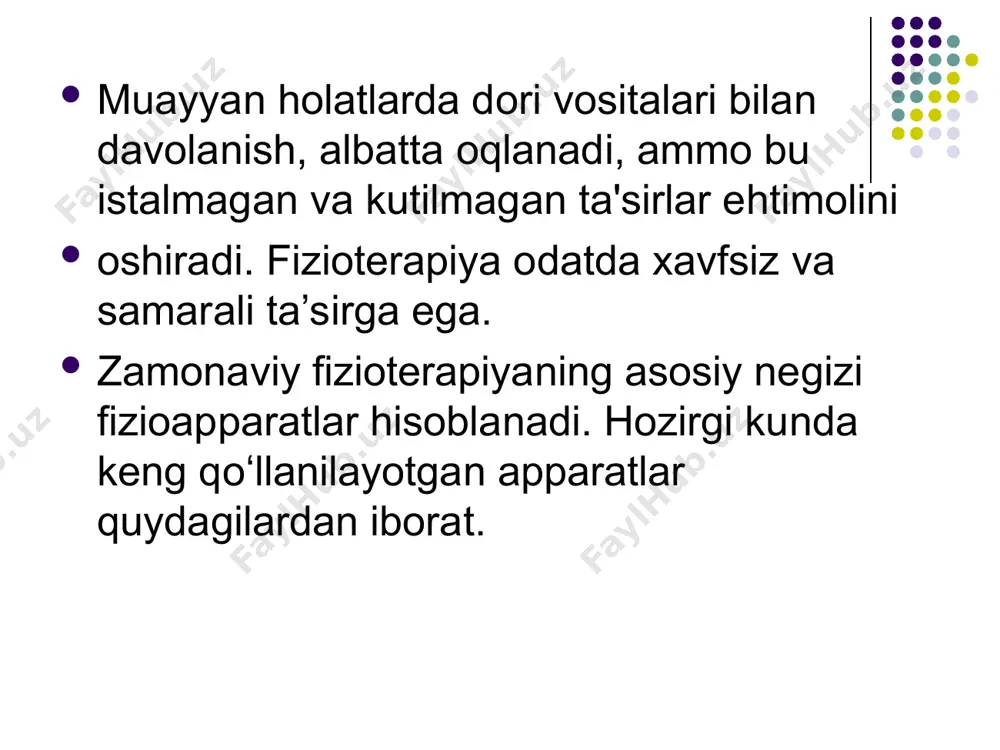 faol hujayra jarayonlarini boshlash, tiklanish va tiklanishni faollashtirish imkonini beradi. shu sababli, uvch nevrologik amaliyotda juda keng qoʻllaniladi: bu usul periferik asab tizimi orqali elektr impulslarining oʻtkazilishini yaxshilash, asab tugunlarida sezgirlikni kamaytirish va shu sababli ogʻriqni yoʻqotish imkonini beradi. uvch - terapiya muolajalari paytida toʻqimalardan yuqori chastotali elektromagnit maydon oʻtadi. uning energiyasi asosan yuqori qarshilikka ega boʻlgan toʻqimalar (teri, asab toʻqimalari, teri osti toʻqimalari, suyaklar) tomonidan soʻriladi. ular qon tomirlarining kengayishini keltirib chiqarishga, ogʻriq retseptorlarining qoʻzgʻaluvchanligini kamaytirishga, immunitet jarayonlarini kuchaytirishga imkon beradigan optimal darajadagi fizioterapevtik davolash usulidir. uvch uchun koʻrsatmalar;  yuqori nafas yoʻllarining surunkali yalligʻlanish kasalliklari, traxeya, bronxlar, oʻpka;  ogʻiz boʻshligʻi kasalliklari, koʻchirilgan maxillofasiyal jarrohlik aralashuvlar;  yumshoq toʻqimalar, suyak toʻqimalari, boʻgʻimlarning shikastlanishi;  gematomalar;  oshqozon-ichak trakti kasalliklari;  reproduktiv tizimning surunkali kasalliklari;  terining yalligʻlanish kasalliklari va boshqalar. uvch terapiyasiga qarshi koʻrsatmalar.  sil kasalligi;  leykemiya;  qon ivishining buzilishi;  jigar, buyraklar, yurakning ogʻir …