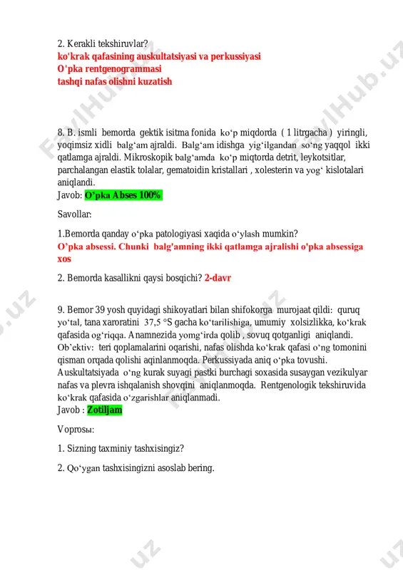 ish qobilyatining pasayishi, haroratning subfebril oshishi ,shilliq –yiringli balg’am ajralishi bilan yo’tal, xansirash, shikoyatlari bilan murojaat qildi. ahvoli 5 kun oldin yomonlashdi. bemor 5 yildan beri kasal. hurujlar davriy ravishda kuz-bahor davrida paydo bo’ladi. shilliq –yiringli balg’am hurujlarda ajraladi. bemor 20 yil davomida kuniga 1 pachkadan sigaret chekadi. ob’ektiv; tana harorati 37,50s. umumiy ahvoli qoniqarli. terisi toza. o’pka ustida perkutor tovush aniq. dag’al nafas, ikkala tomonda quruq g’o’ng’illovchi xirillashlar. nos - 22 ta daqiqasiga.yurak tonlari aniq, ritmik, yuqs - 72 ta daqiqasiga, aqb 120/80 mm.sim..ust. abdominal patologiya aniqlanmadi. javob:surunkali bronxit savollar: 1. taxminiy tashxisni qo’ying va asoslab bering. 2.xavf omillari 3.sizning tavsiyalaringiz 13. 35 yoshli bemor j., xansirash, ko’p miqdorda ,ayniqsa ertalab , sutkasiga 100 mlgacha ajralivchi shilliq –yiringli balg’amli yo’tal bilan shifokorga murojaat qildi.ba’zan qon tupirish kuzatiladi.. 5 yildan beri kasal, ahvoli vaqti vaqti bilan yomonlashadi, stasionarda bir necha bor davollangan. ob’ektiv; tana harorati 37,40s. umumiy ahvoli qoniqarli. terisi …