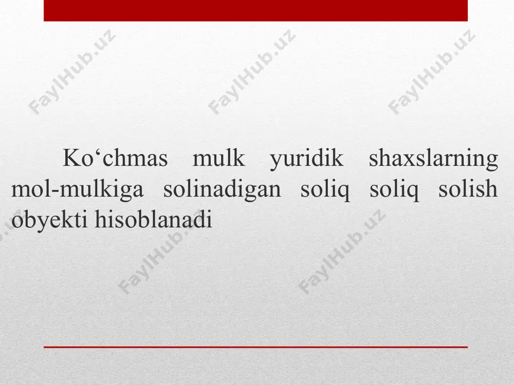 kasi vazirlar mahkamasining qarori qabul qilingan ko‘chmas mulk va tugallanmagan qurilish obyektlari. kalendar yil soliq davridir. soliq to‘lovchilar soliqni soliq bazasidan va tegishli soliq stavkasidan kelib chiqqan holda mustaqil ravishda hisoblab chiqaradi. soliq hisoboti soliq bo‘yicha hisobga olish joyidagi soliq organiga yilda bir marta, soliq hisoboti davridan keyingi yilning 1-martidan kechiktirmay taqdim etiladi. soliq davri mobaynida soliq to‘lovchilar (bundan o‘zbekiston respublikasida faoliyatni doimiy muassasalar orqali amalga oshirmaydigan o‘zbekiston respublikasi norezidentlari bo‘lgan yuridik shaxslar mustasno) soliq bo‘yicha bo‘nak to‘lovlarni to‘laydi. bo‘nak to‘lovlar miqdorini hisoblab chiqarish uchun soliq to‘lovchilar joriy soliq davrining 20-yanvaridan kechiktirmay, yangi tashkil qilinganlari esa, davlat ro‘yxatidan o‘tkazilgan sanadan e’tiboran o‘ttiz kundan kechiktirmay soliq organlariga mo‘ljallanayotgan soliq bazasidan (tegishli yil uchun mol-mulkning o‘rtacha yillik qoldiq qiymatidan (o‘rtacha yillik qiymatidan) va tegishli soliq stavkasidan kelib chiqqan holda hisoblangan joriy soliq davri uchun soliq summasi to‘g‘risidagi ma’lumotnomani taqdim etadi. soliq bo‘yicha majburiyatlari soliq davri mobaynida yuzaga kelgan soliq to‘lovchilar soliq summasi …