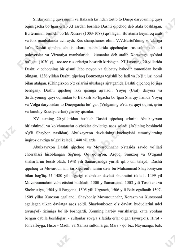 lar davlati shuhratini tikladi. 1499 yil movarounnahrni zabt etishni boshladi. 1500 y samarqand, 1503 yili toshkent va shohruxiya, 1504 yili farg'ona, 1505 yili urganch, 1506 yili balx egallanib 1507-1509 yillar xuroson egallandi. shayboniy movarounnahr, xorazm va xurosonni egallagan ulkan davlatga asos soldi. shayboniyxon o`z davlati hududlarini udel (syurg'ol) tizimiga bo`lib boshqardi. xonning harbiy yurishlariga katta yordam bergan qabila boshliqlari - sultonlar sovg'a sifatida erlar olgan (syurg'ol). hirot - jonvafbiyga, hisor - madhi va xamza sultonlarga, marv - qo`biz, naymanga, balx - sultonshohga, qunduz - ahmad sultonga, toshkent - sultonhojaga, turkiston - ko`chkunjixonga, andijon - mahmud sultonga, xorazm - kepakbiy qushchiga, buxoro va qorako`l - mahmud sultonga, samarqand va kesh - muhammad temurga syurg'ol qilib berilgan edi. bunday er egalari yurish paytida xon atrofida birlashgan bo`lsalarda aslida mustaqil siyosat olib borilar edi. keyinroq ular markazga bo`ysunishdan bosh torta boshladilar. markazlashtirish uchun xon kuchkinchi sultondan turkistonni, ubaydullodan buxoroni, madhi sulton va hamza …