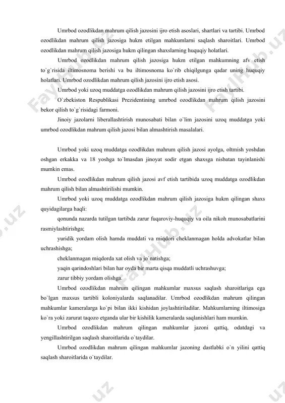 tartibli koloniyalarda saqlanadilar. umrbod ozodlikdan mahrum qilingan mahkumlar kameralarga ko`pi bilan ikki kishidan joylashtiriladilar. mahkumlarning iltimosiga ko`ra yoki zarurat taqozo etganda ular bir kishilik kameralarda saqlanishlari ham mumkin. umrbod ozodlikdan mahrum qilingan mahkumlar jazoni qattiq, odatdagi va yengillashtirilgan saqlash sharoitlarida o`taydilar. umrbod ozodlikdan mahrum qilingan mahkumlar jazoning dastlabki o`n yilini qattiq saqlash sharoitlarida o`taydilar. muddatning kamida o`n yilini o`tagan, belgilangan tartibni buzganlik uchun intizomiy jazo olmagan umrbod ozodlikdan mahrum qilingan mahkumlar qattiq saqlash sharoitlaridan odatdagi saqlash sharoitlariga o`tkazilishlari mumkin. muddatning kamida o`n besh yilini o`tagan, belgilangan tartibni buzganlik uchun intizomiy jazo olmagan umrbod ozodlikdan mahrum qilingan mahkumlar odatdagi saqlash sharoitlaridan yengillashtirilgan saqlash sharoitlariga o`tkazilishlari mumkin. umrbod ozodlikdan mahrum qilingan bitta mahkumga to`g`ri keladigan yashash maydonining normasi to`rt kvadrat metrdan kam bo`lishi mumkin emas. umrbod ozodlikdan mahrum qilinib, jazoni qattiq saqlash sharoitlarida o`tayotgan mahkumlar o`z shaxsiy hisobvarag`ida mavjud bo`lgan mablag`lardan belgilangan eng kam ish haqi miqdorining yetmish besh foizigacha bo`lgan summaga …